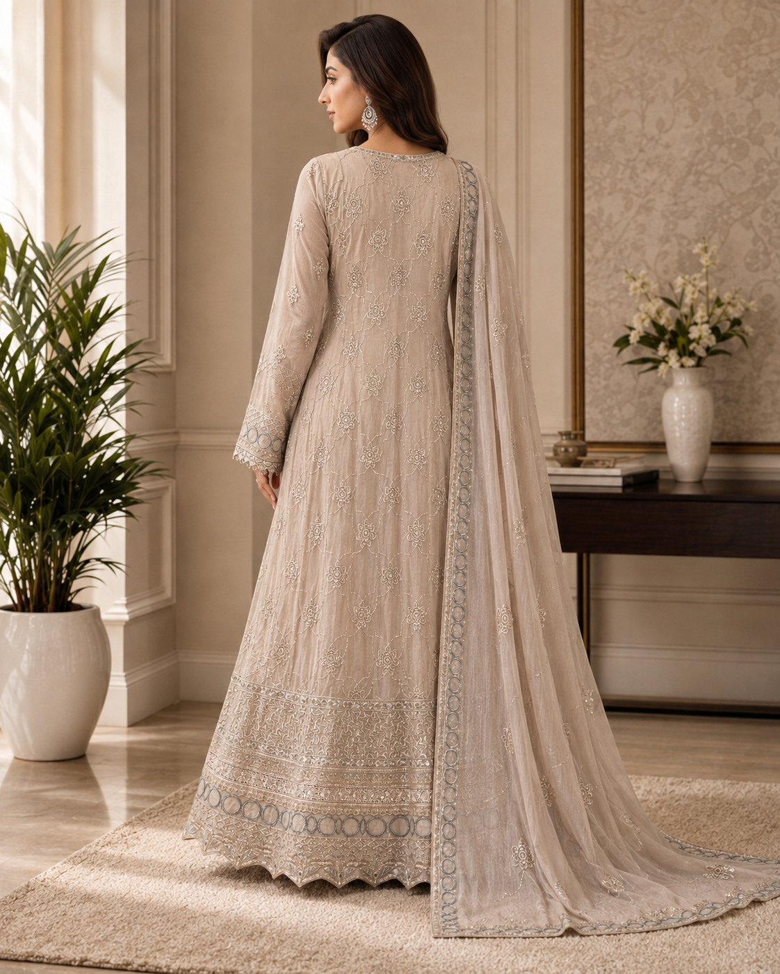 CHM-03 - Taupe - Embroidered Chiffon Full Maxi with Dupatta