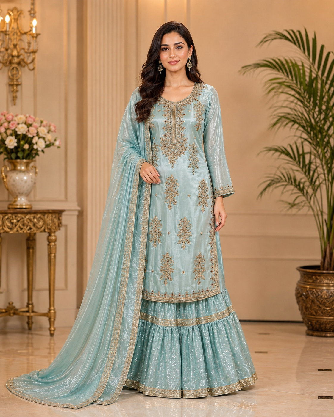 FL-01 - Sky Blue - Shesha Silk Farshi Lehenga 3 Piece Set