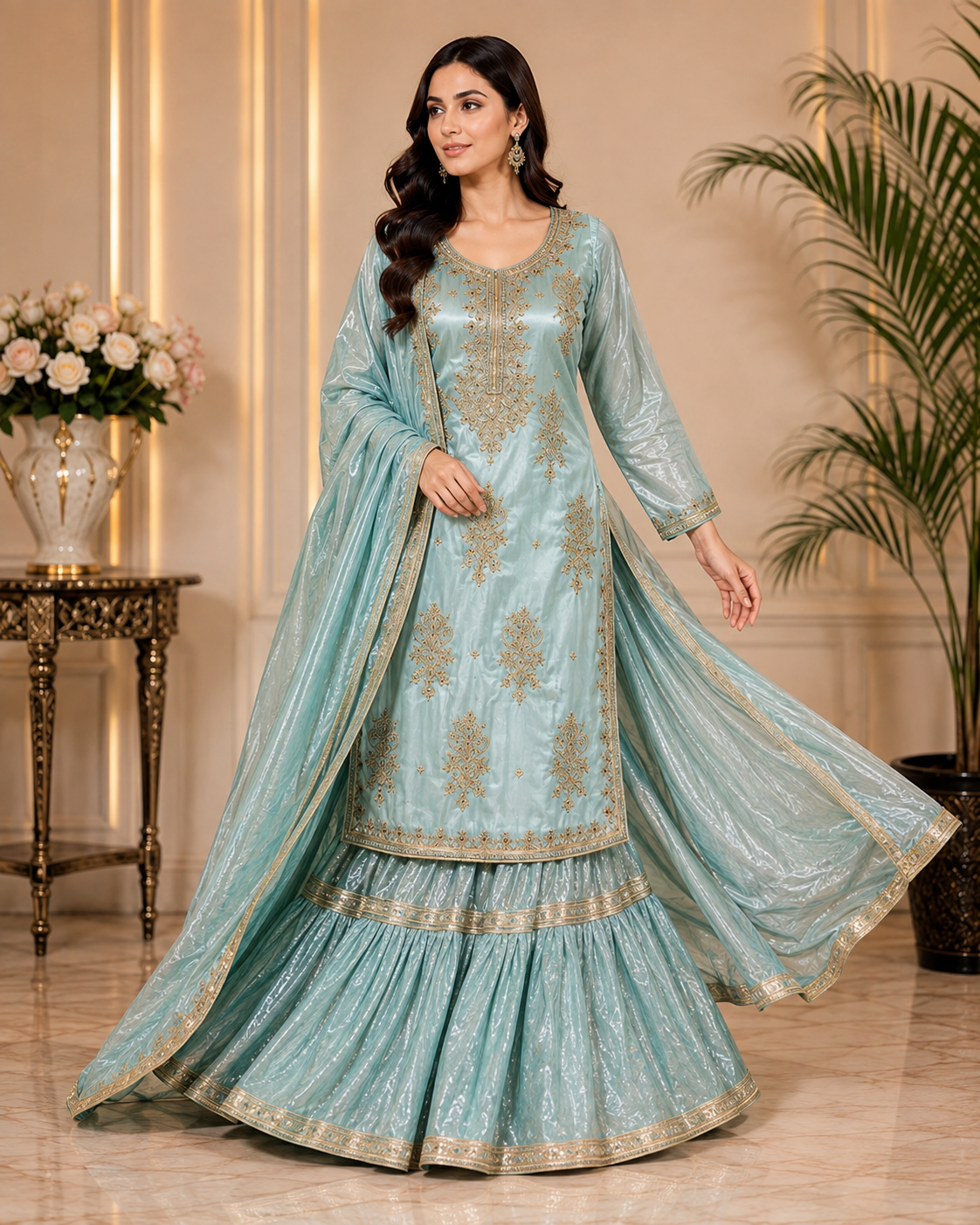 FL-01 - Sky Blue - Shesha Silk Farshi Lehenga 3 Piece Set