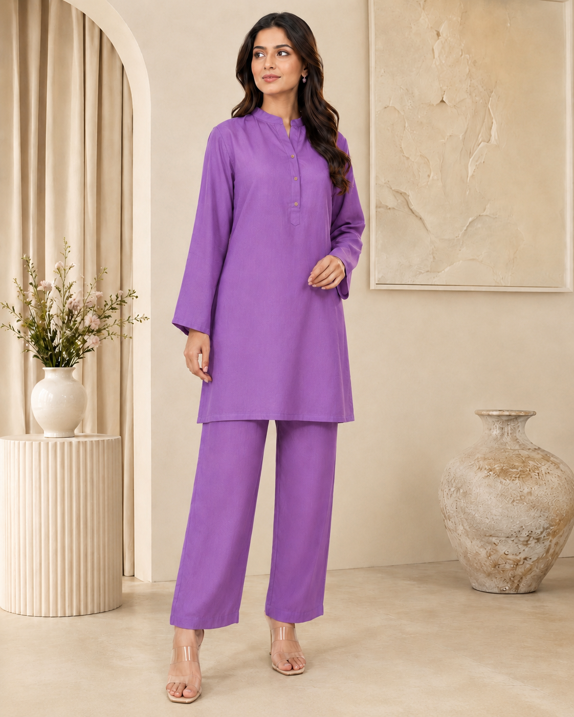 LC-07 Linen Purple Matching Purple Neck Band Collar Button Placket Solid Minimal 2PC Co-Ord Set