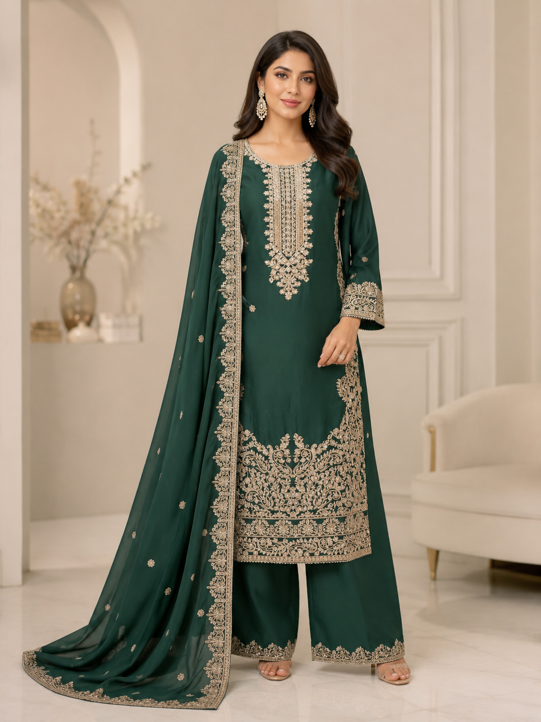 BM-CH-040 - Luxury Embroidered Chiffon Gharara 3 Piece Suit