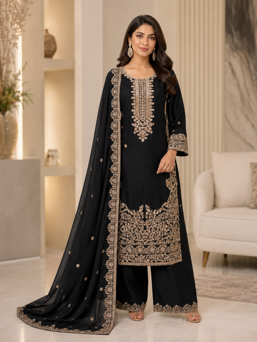 BM-CH-040 - Luxury Embroidered Chiffon Gharara 3 Piece Suit