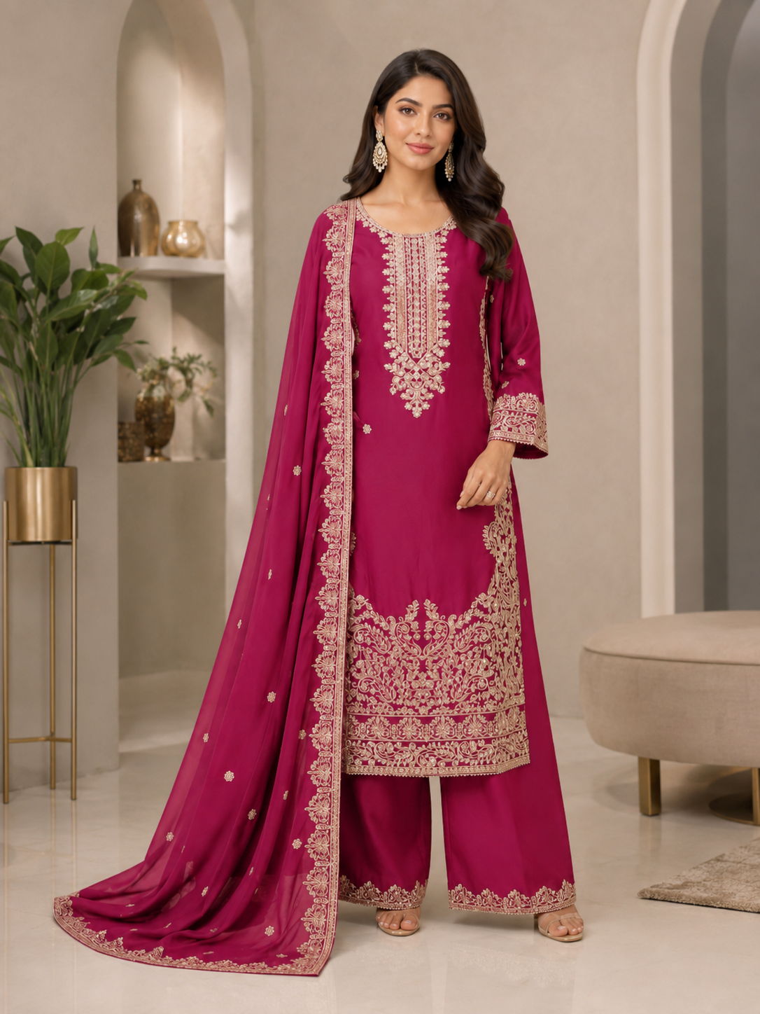 BM-CH-040 - Luxury Embroidered Chiffon Gharara 3 Piece Suit