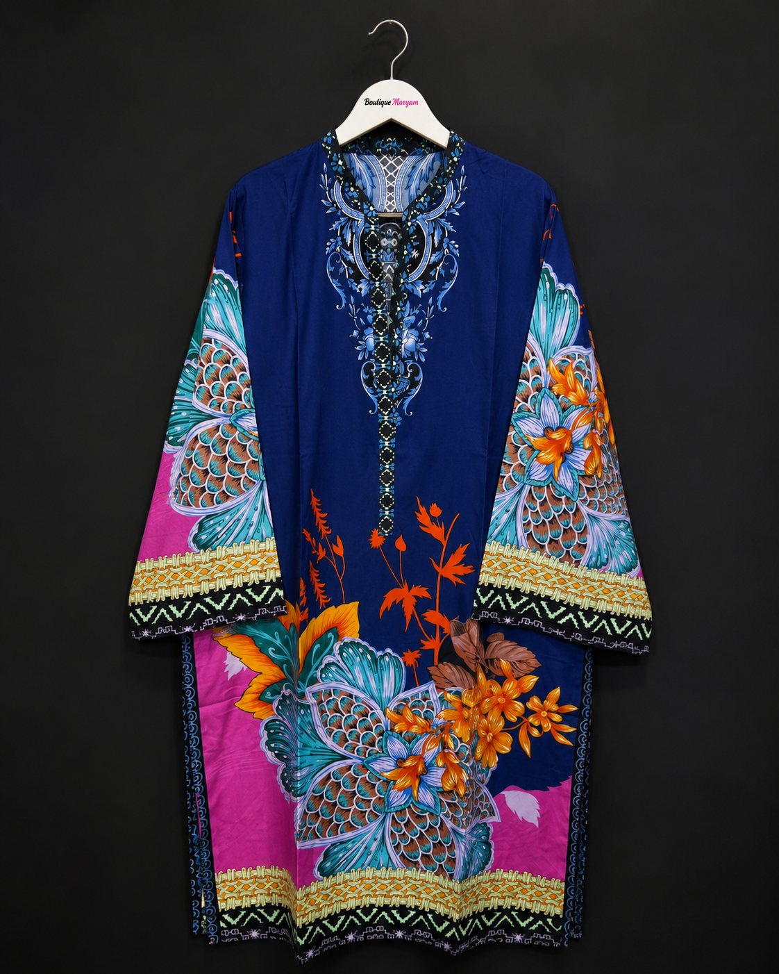 TUNIC-TOP-008 Royal Blue Multi Ornamental Floral Long Sleeve Tonic Top