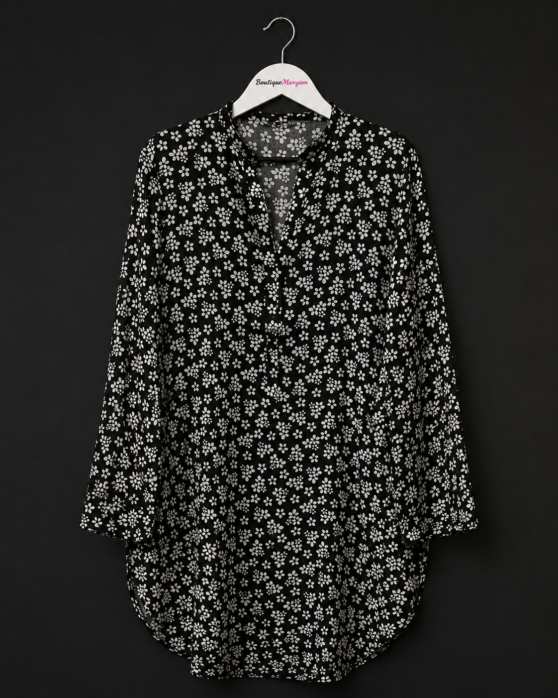 TUNIC-TOP-001 Black White Daisy Floral Long Sleeve Tonic Top