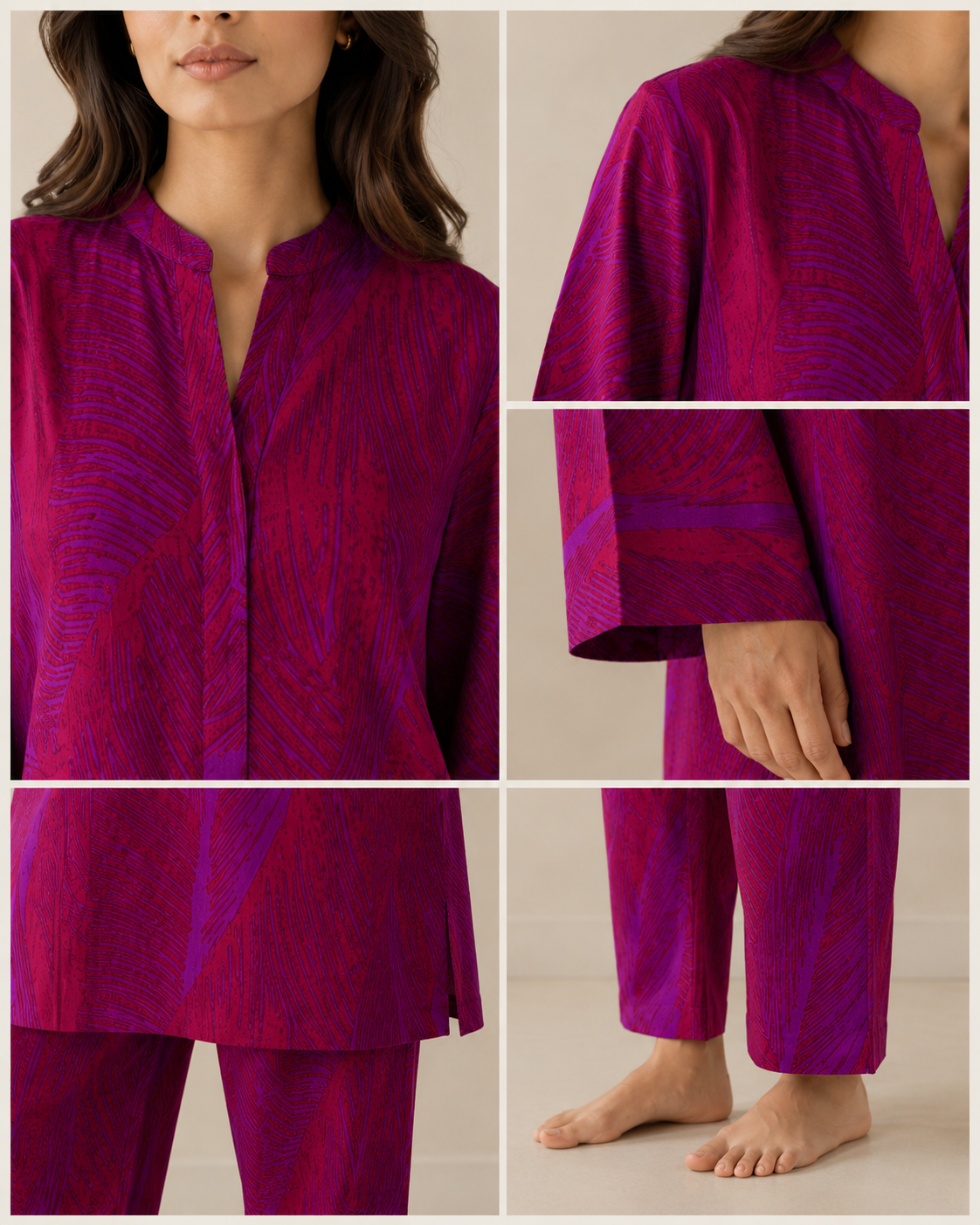 CORD-001 Magenta Purple  Women's Abstract Leaf Print 2 Piece Co-ord Set
