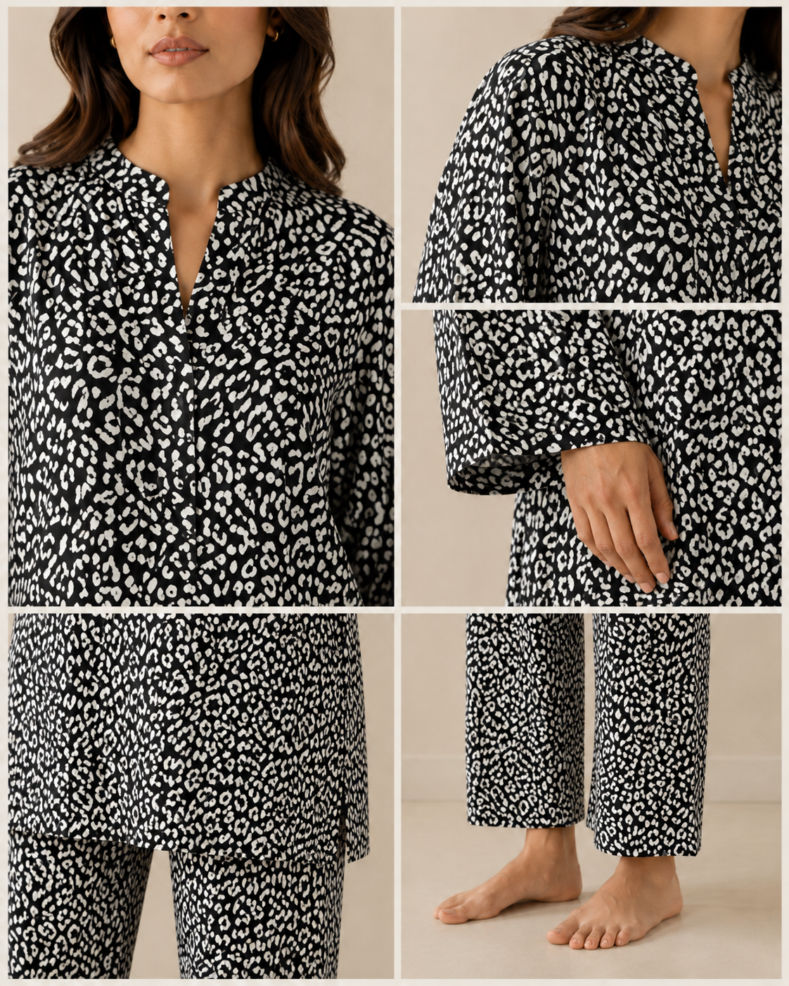 CORD-004 Black White Women's Animal Spot Print 2 Piece Co-ords Set