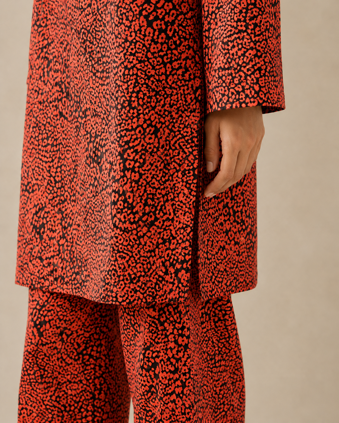 CORD-005 Coral Orange Black Women's Leopard Spot Print 2 Piece Co-ord Set