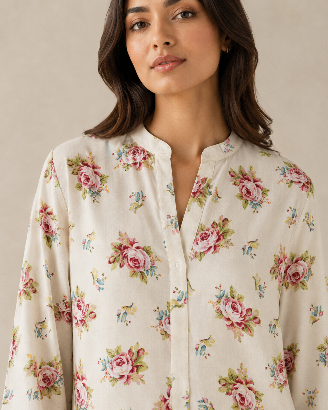 CORD-006 Ivory Pink Floral Women's Rose Floral Print 2 Piece Co-ord Set