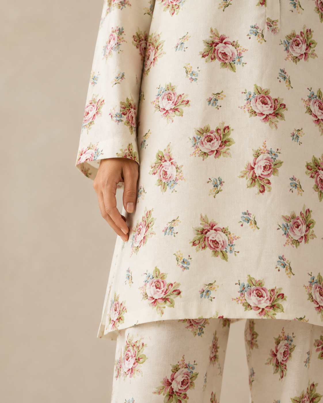 CORD-006 Ivory Pink Floral Women's Rose Floral Print 2 Piece Co-ord Set
