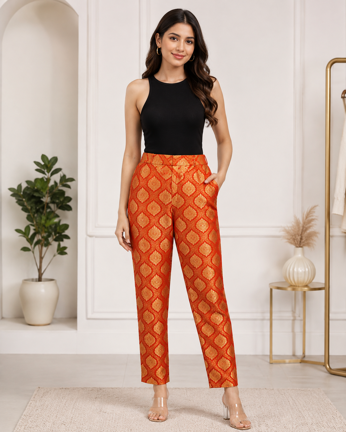 DR-48 - Red - Straight Fit Banarasi Jacquard Trouser