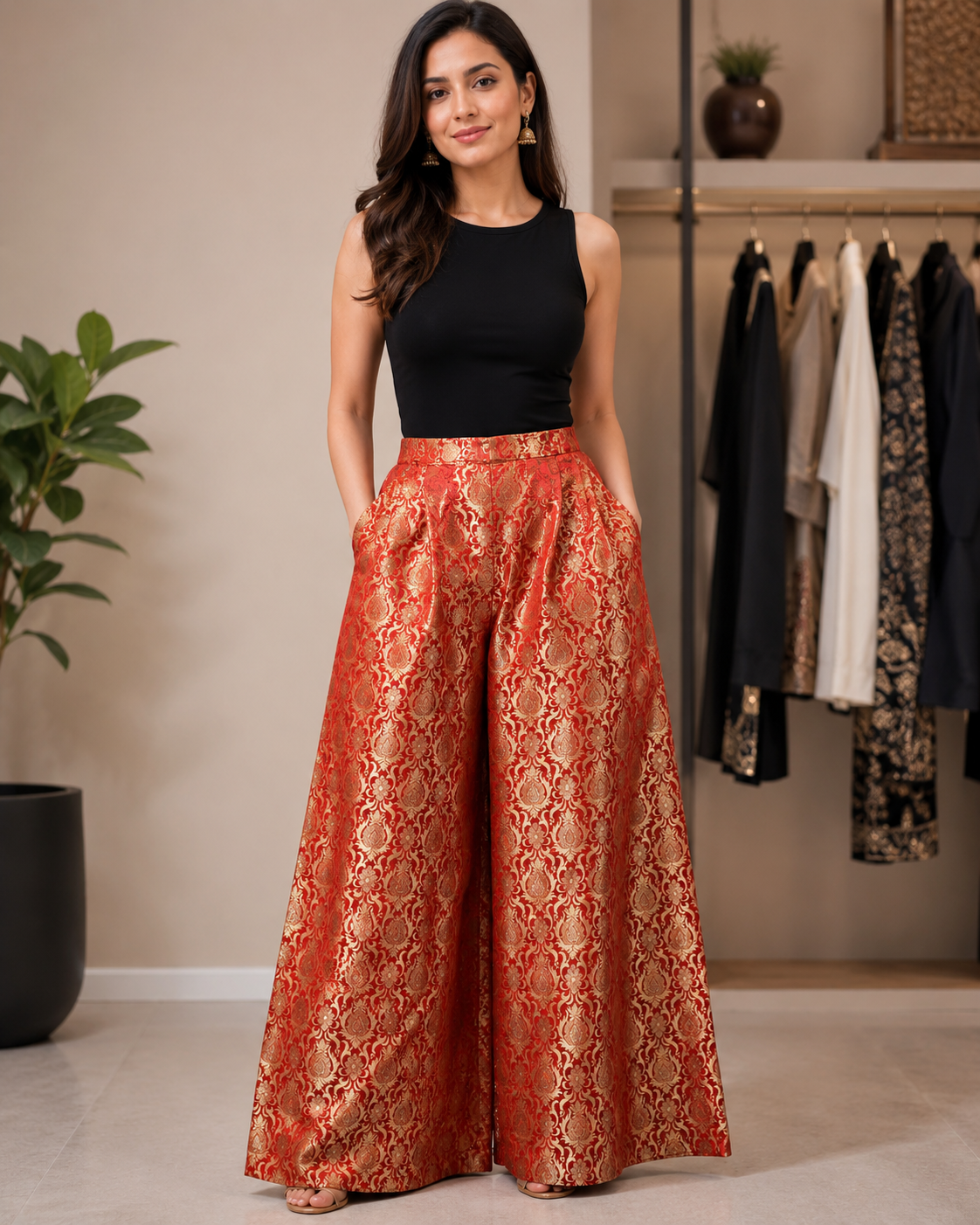DR-49 - Laal - Wide leg Palazzo Fit Banarasi Jacquard sharara