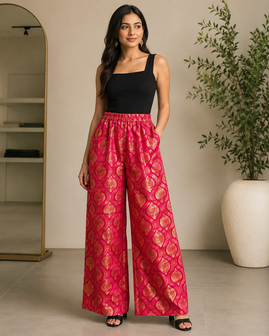 DR-53 - Hot Pink - Wide Leg pallazo Banarasi Jacquard Sharara Trouser