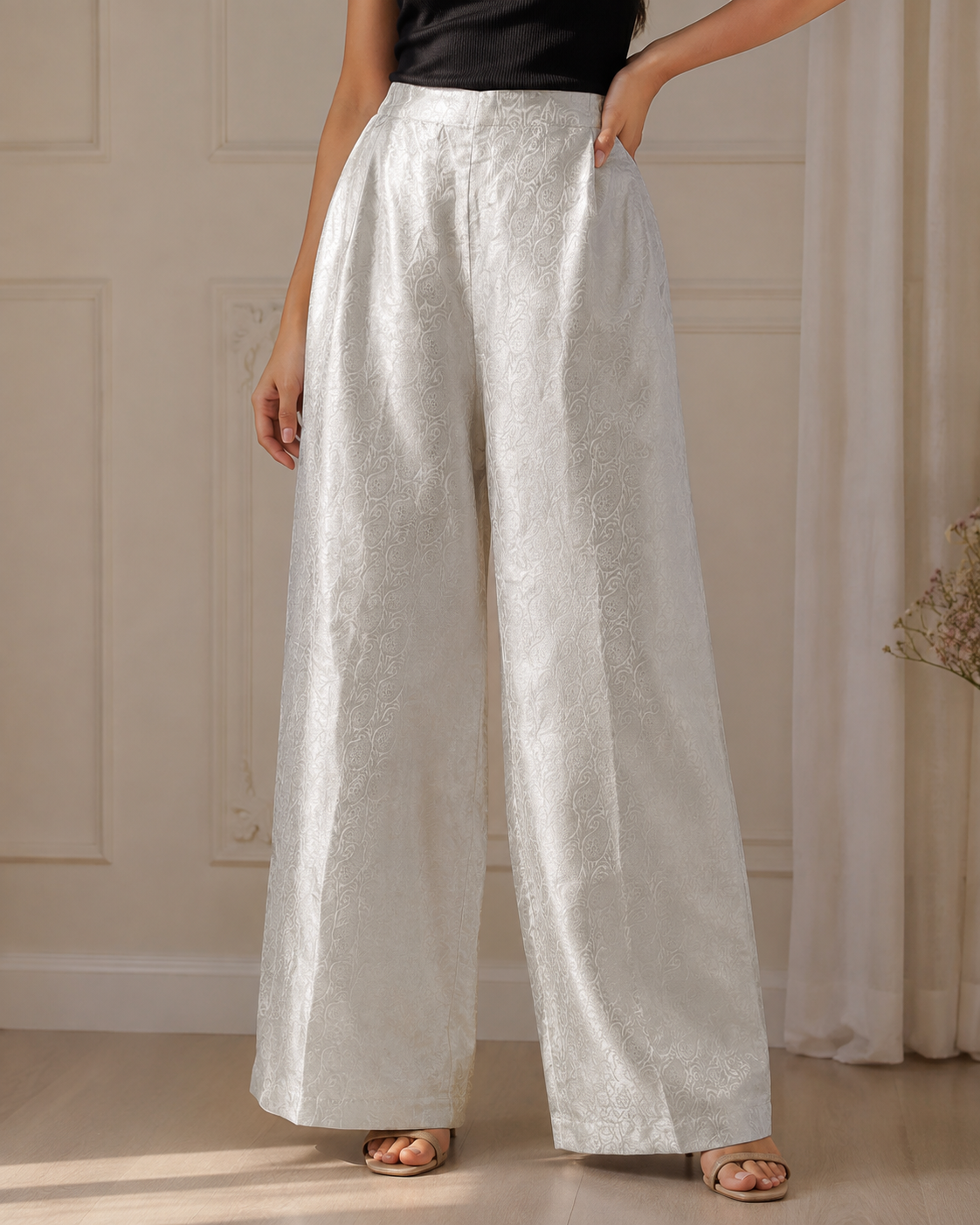 DR-54 - Safed - Wide Leg Banarasi Jacquard Trouser