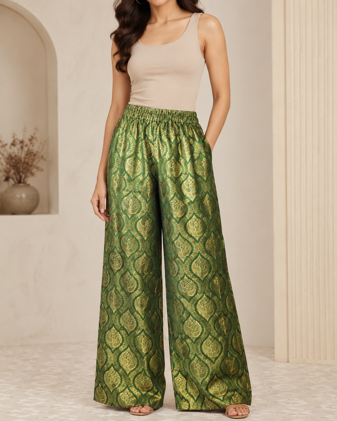 DR-55 - Bottle Green - Wide Leg Banarasi Jacquard Trouser