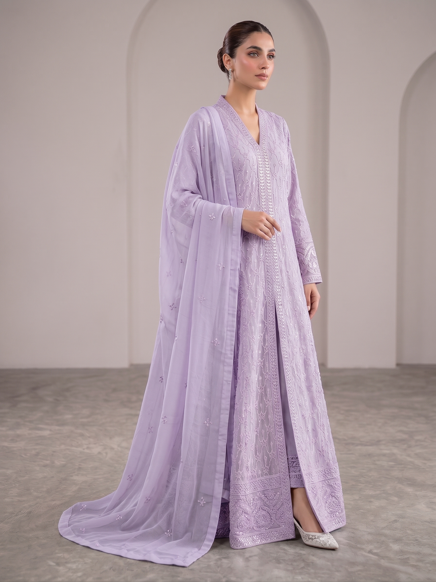 BM-CH-032 - Luxe Front Open Embroidered Chiffon Gown 3 Piece Suit