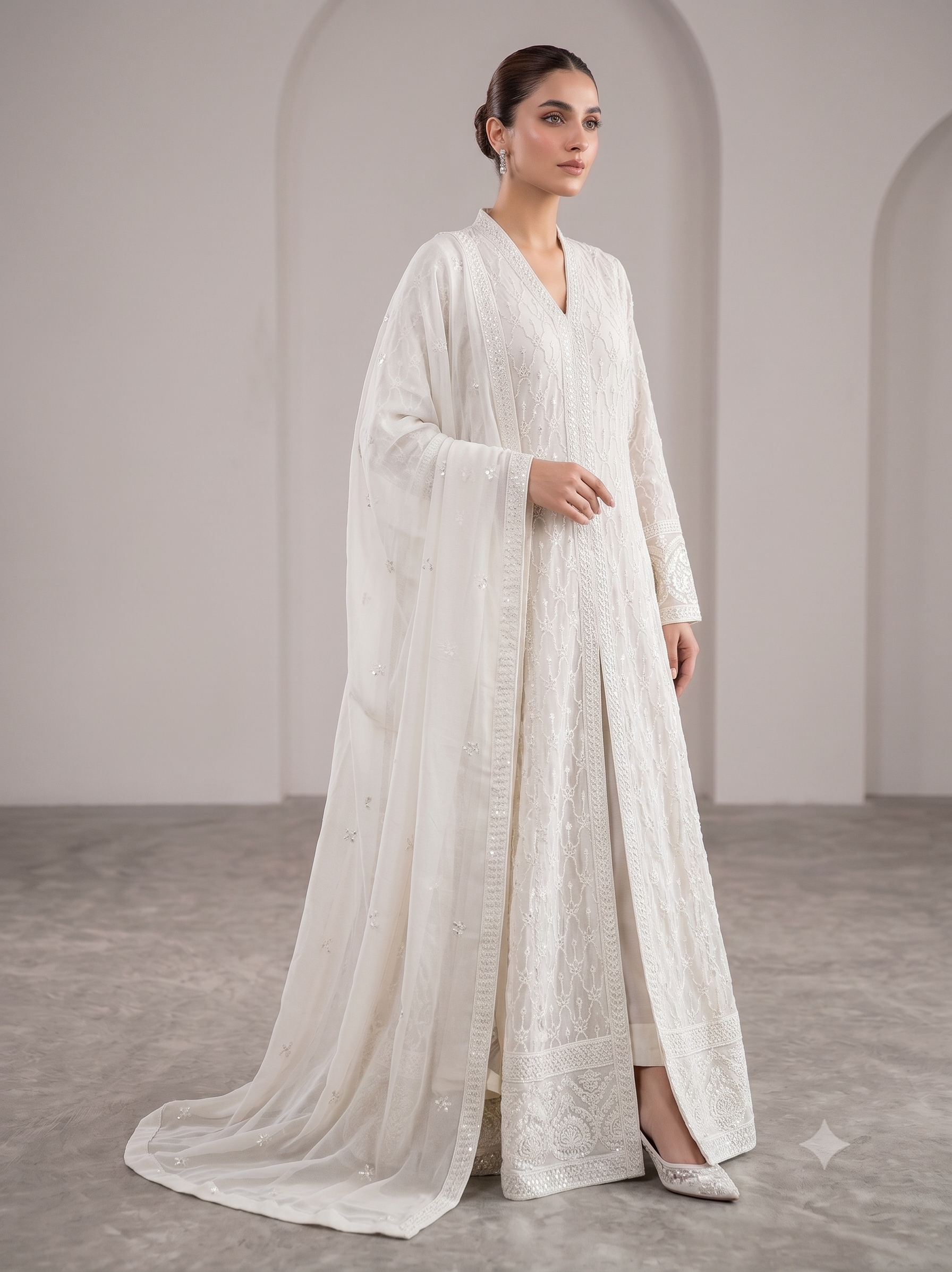 BM-CH-032 - Luxe Front Open Embroidered Chiffon Gown 3 Piece Suit