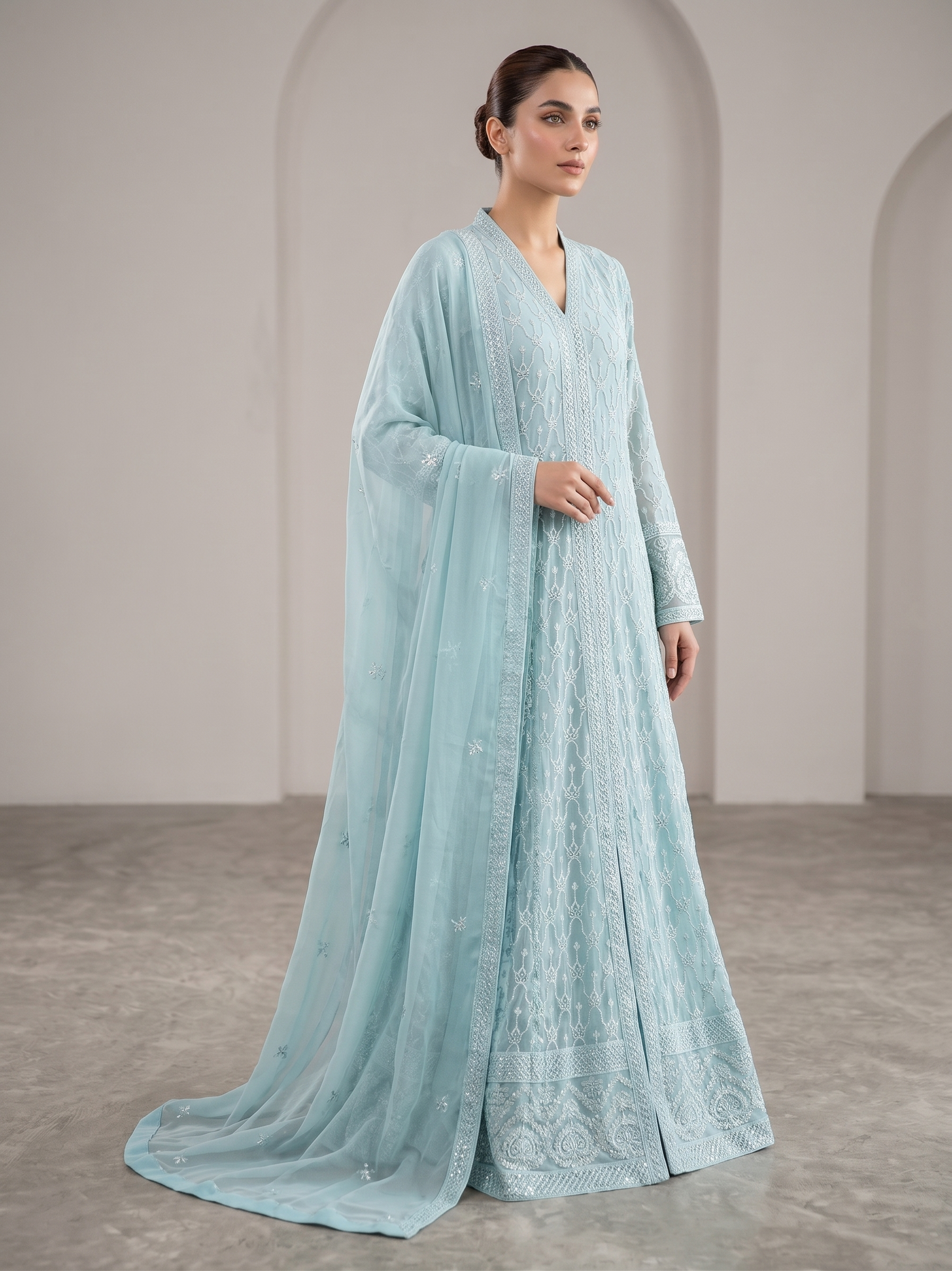 BM-CH-032 - Luxe Front Open Embroidered Chiffon Gown 3 Piece Suit