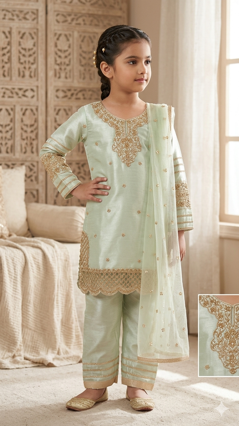 BMK-016 | Girls' Mint Green Shesha Silk Embroidered Suit