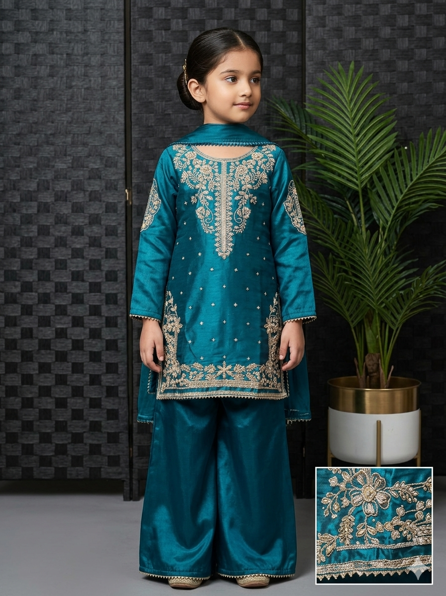 BMK-002 | Deep Teal Silk Sharara Set with Intricate Light Gold Embroidery