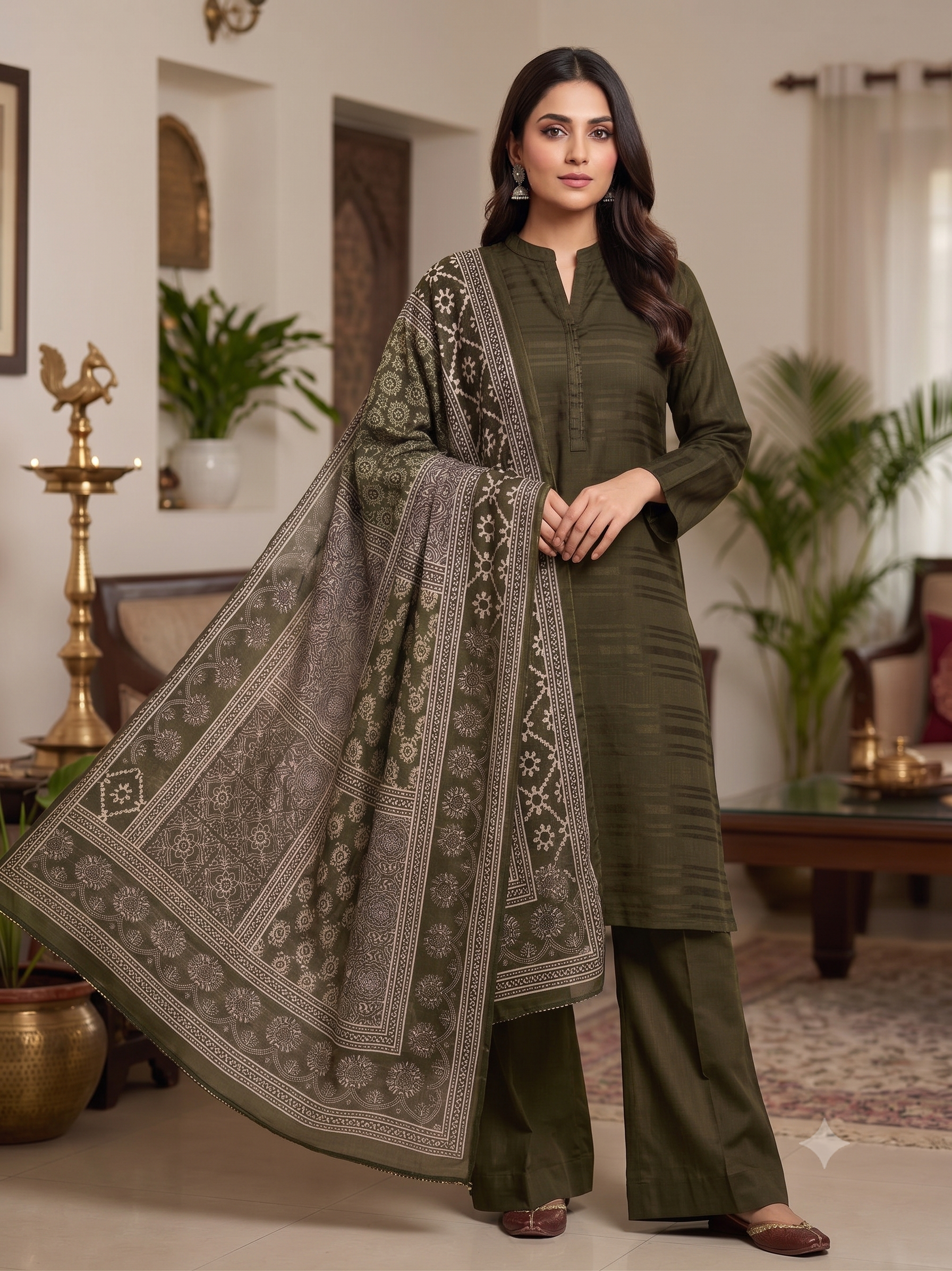 BM-SLK-3PC-006 Olive Green Silk 3 Piece Suit with Olive Printed Dupatta