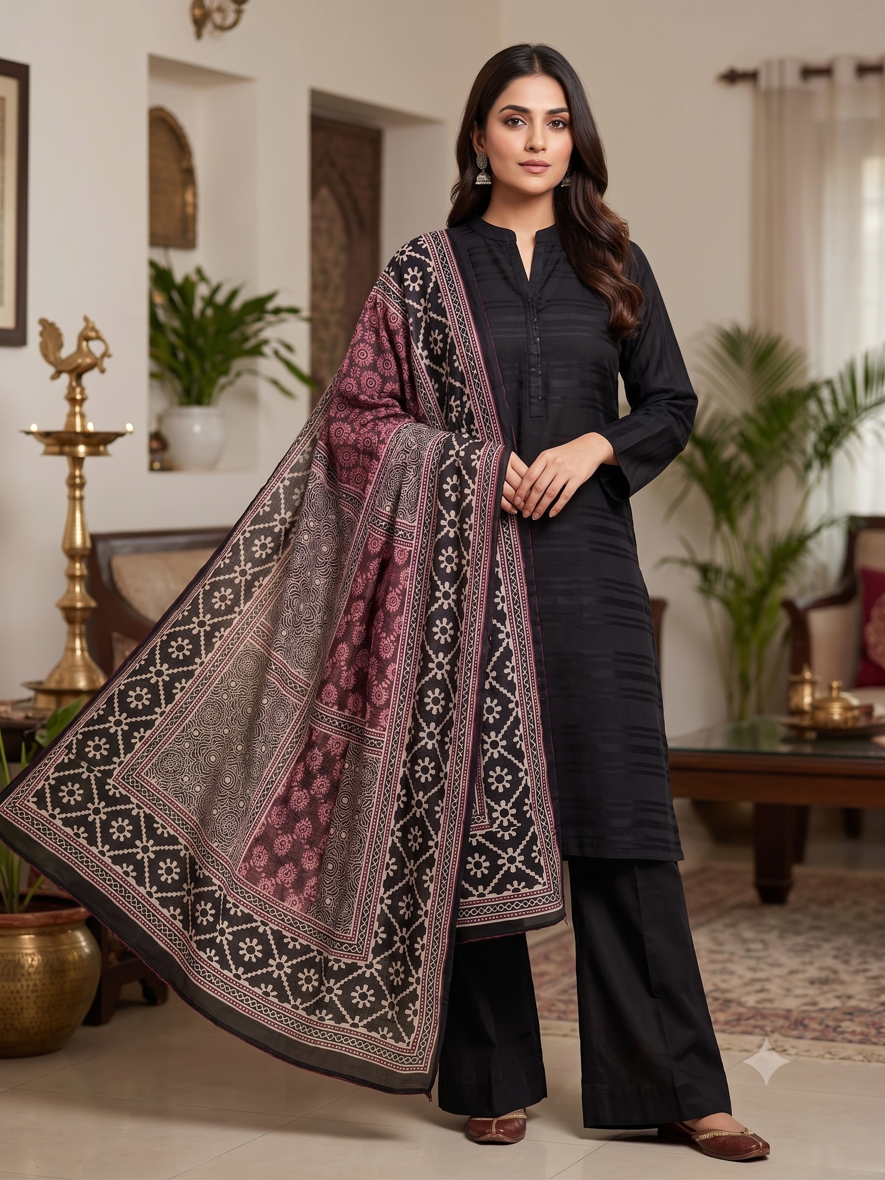 BM-SLK-3PC-005 Black Silk 3 Piece Suit with Rose Printed Dupatta
