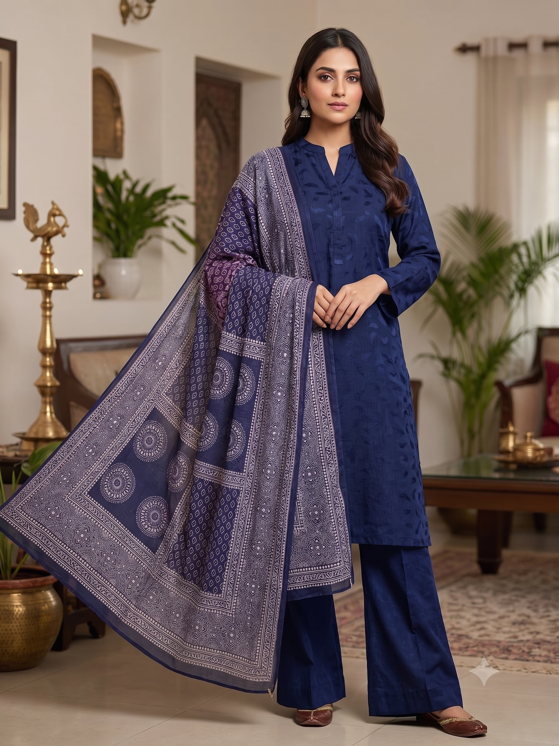 BM-SLK-3PC-001 Navy Blue Silk 3 Piece Suit with Indigo Printed Dupatta