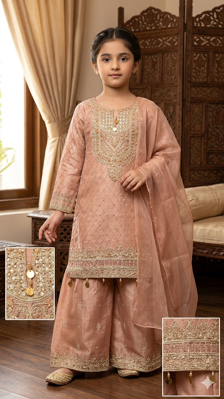 BMK-014 | Girls' Dusty Rose Embroidered Shesha Silk Suit