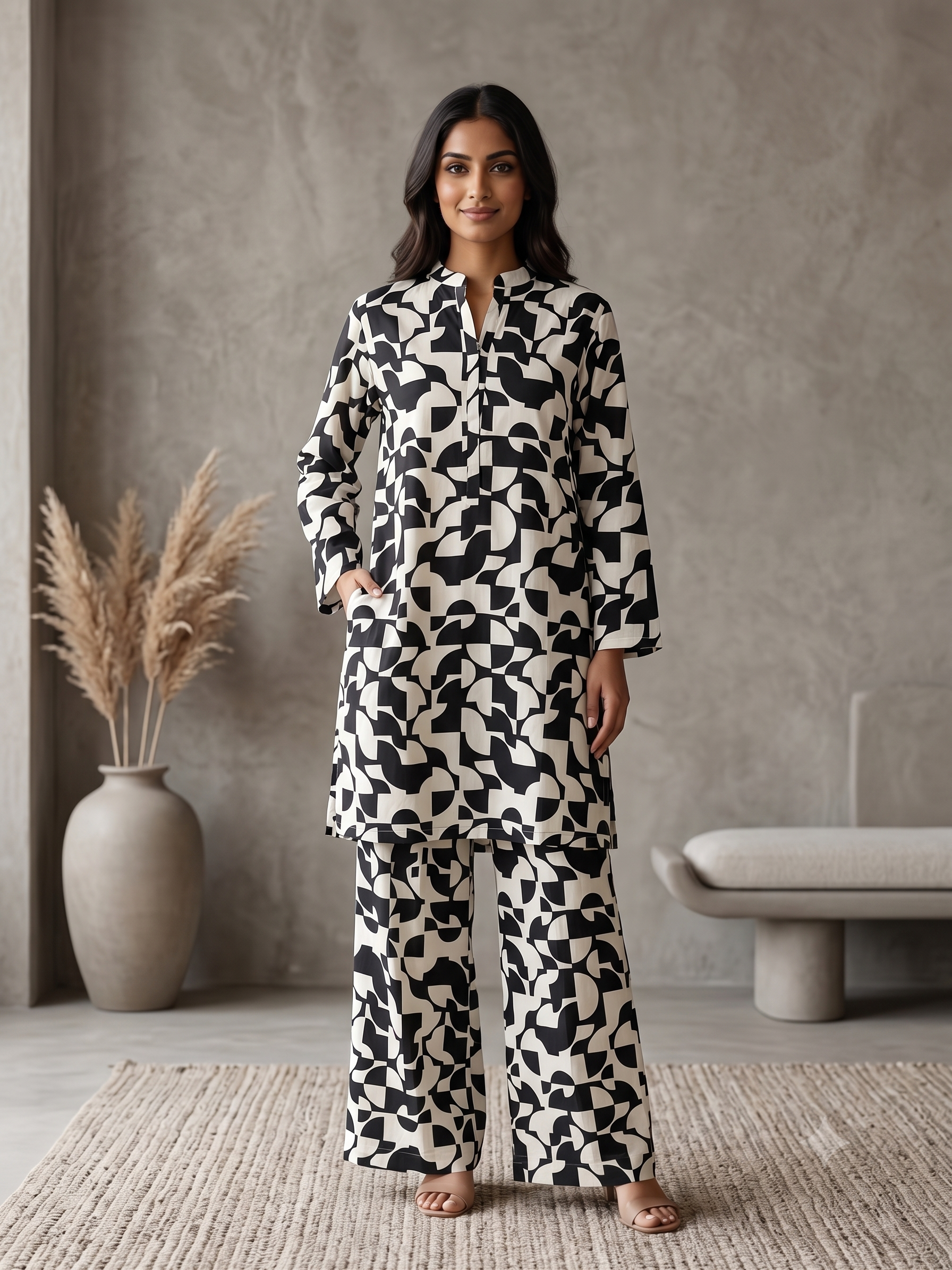 PC-09 Printed Linen Cream Black Matching Cream Black Neck Band Collar Button Placket Abstract Block Print 2PC Co-Ord Set