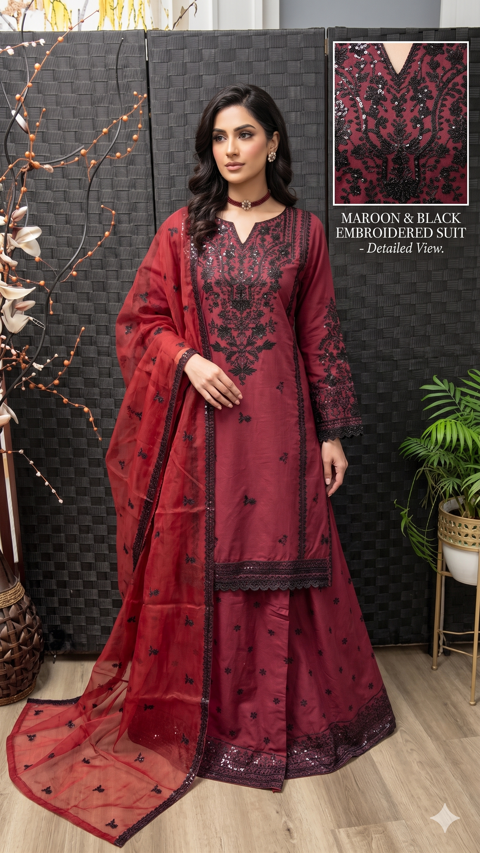 CE-01 Cotton Embroidered  Shirt & Sharara with Organza Dupatta | 3-Piece Suit
