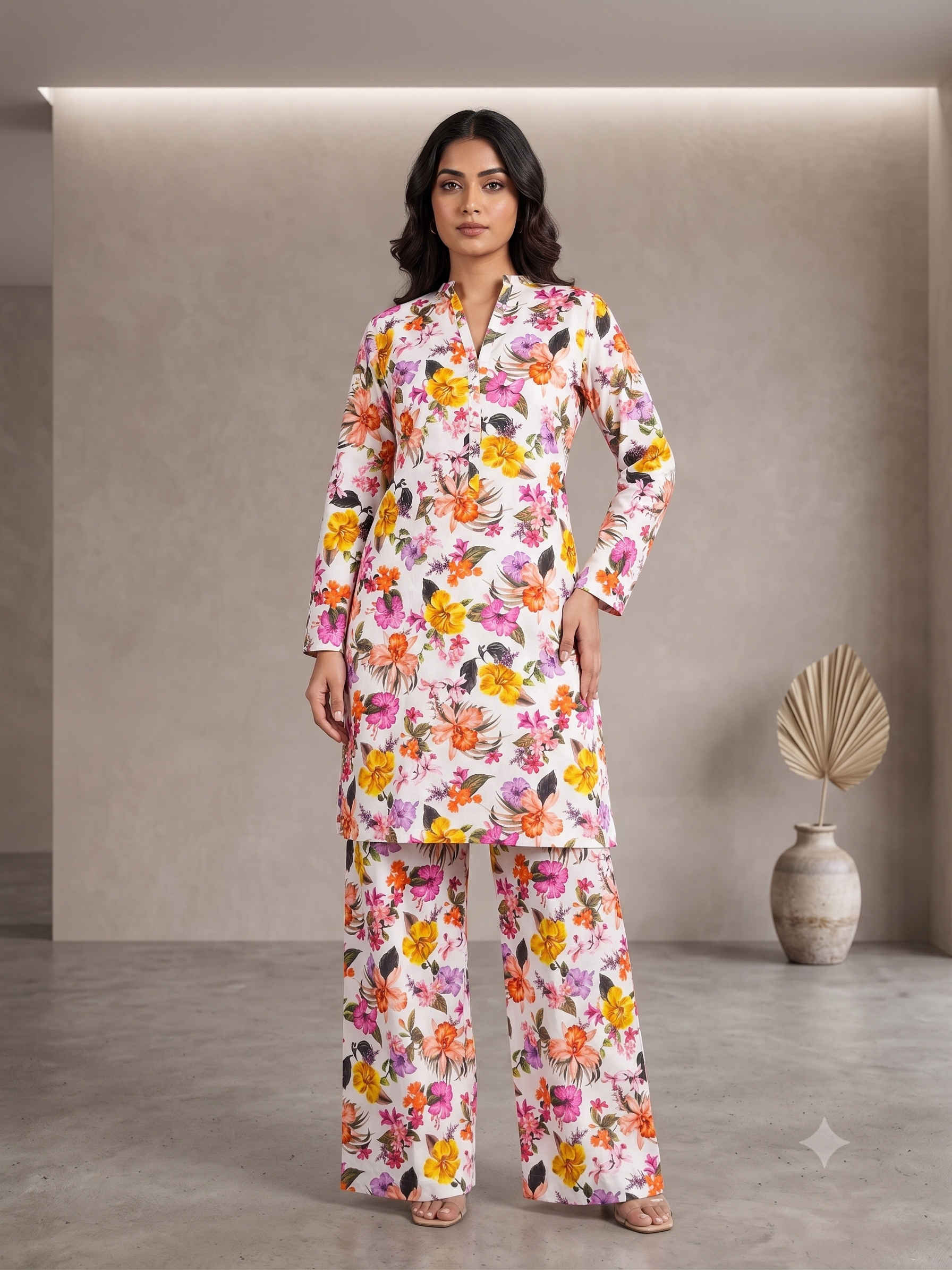 PC-07 Printed Linen White Multi Matching White Multi Neck Band Collar Button Placket Tropical Floral Print 2PC Co-Ord Set