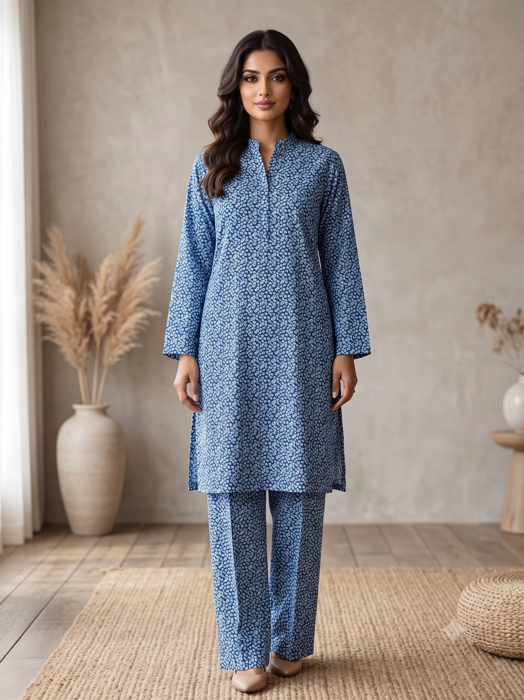 PC-03 Printed Linen Navy Blue Matching Navy Blue Neck Band Collar Button Placket Micro Circle Print 2PC Co-Ord Set