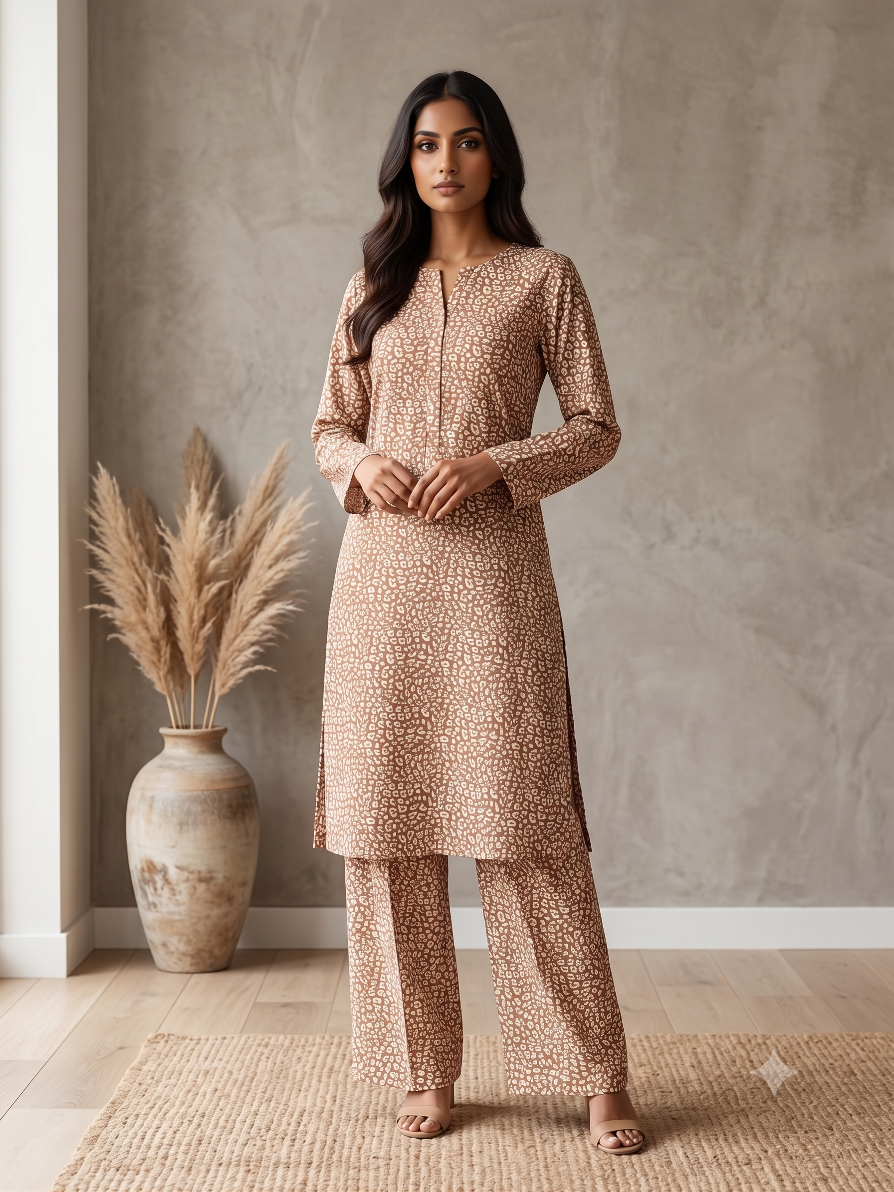 PC-01 Printed Linen Tan Brown Matching Printed Brown Neck V-Neck Button Placket Leopard Micro Print 2PC Co-Ord Set