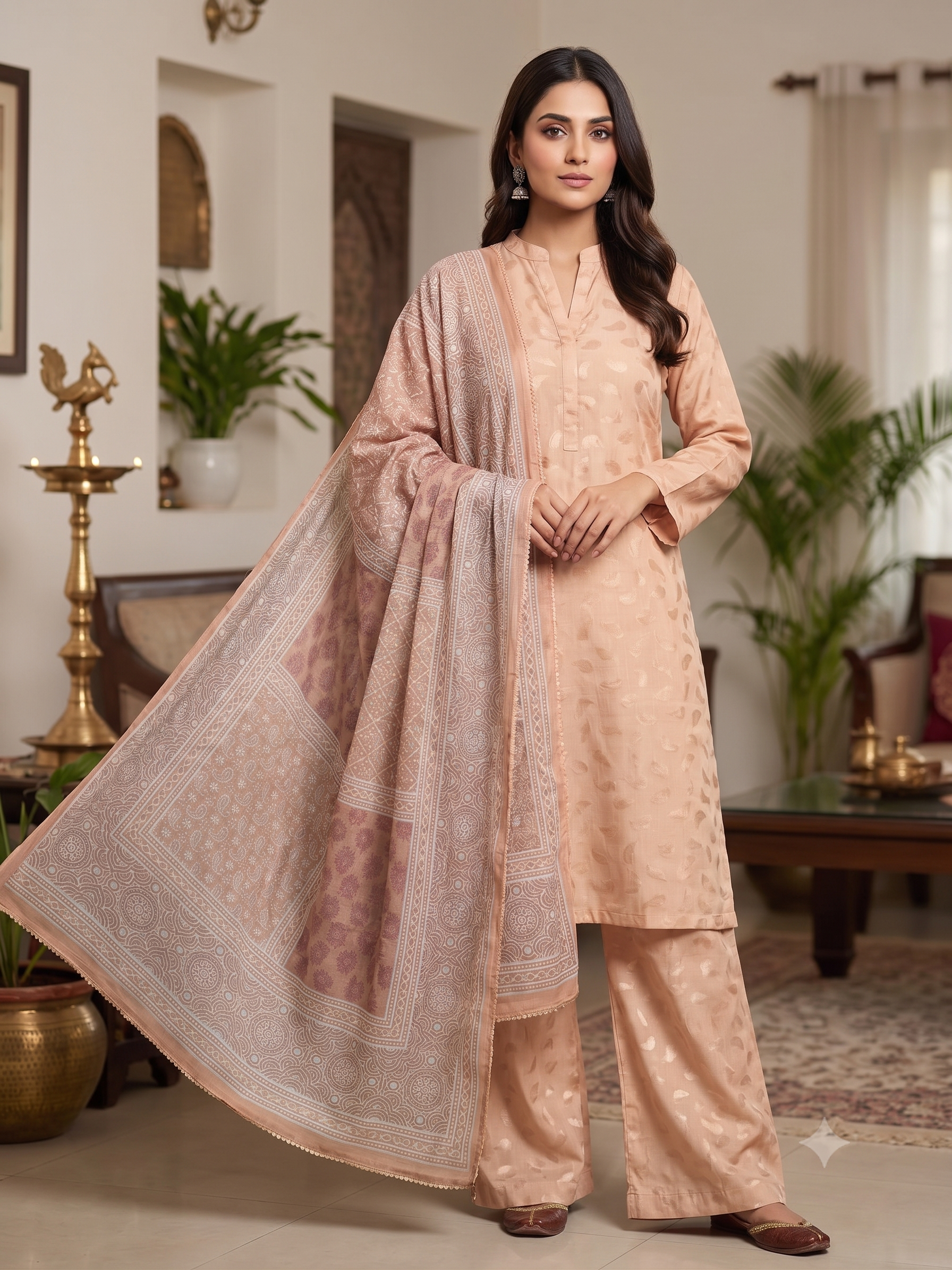 BM-SLK-3PC-002 Peach Beige Silk 3 Piece Suit with Pastel Printed Dupatta