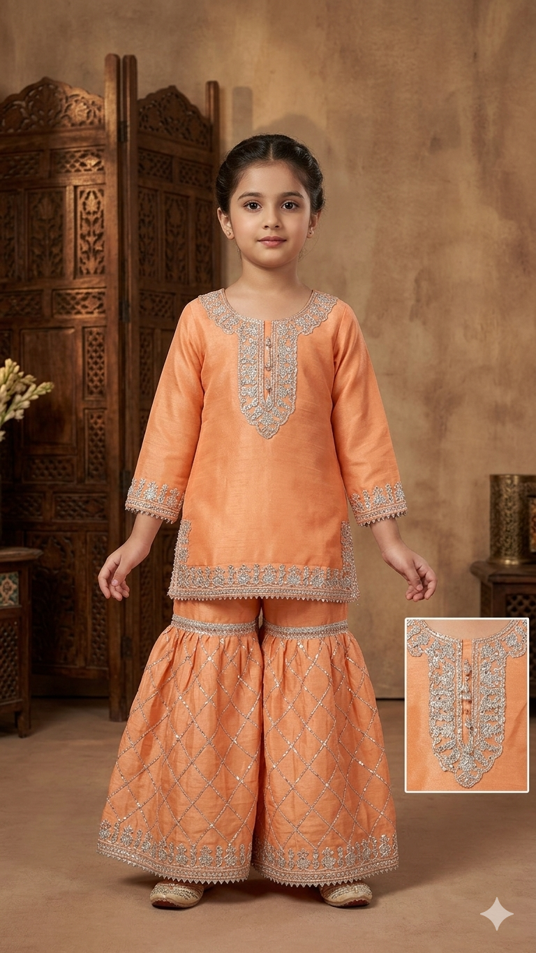 BMK-008 | Girls' Peach Embroidered Kurti & Gharara Set | Festive Toddler Wear