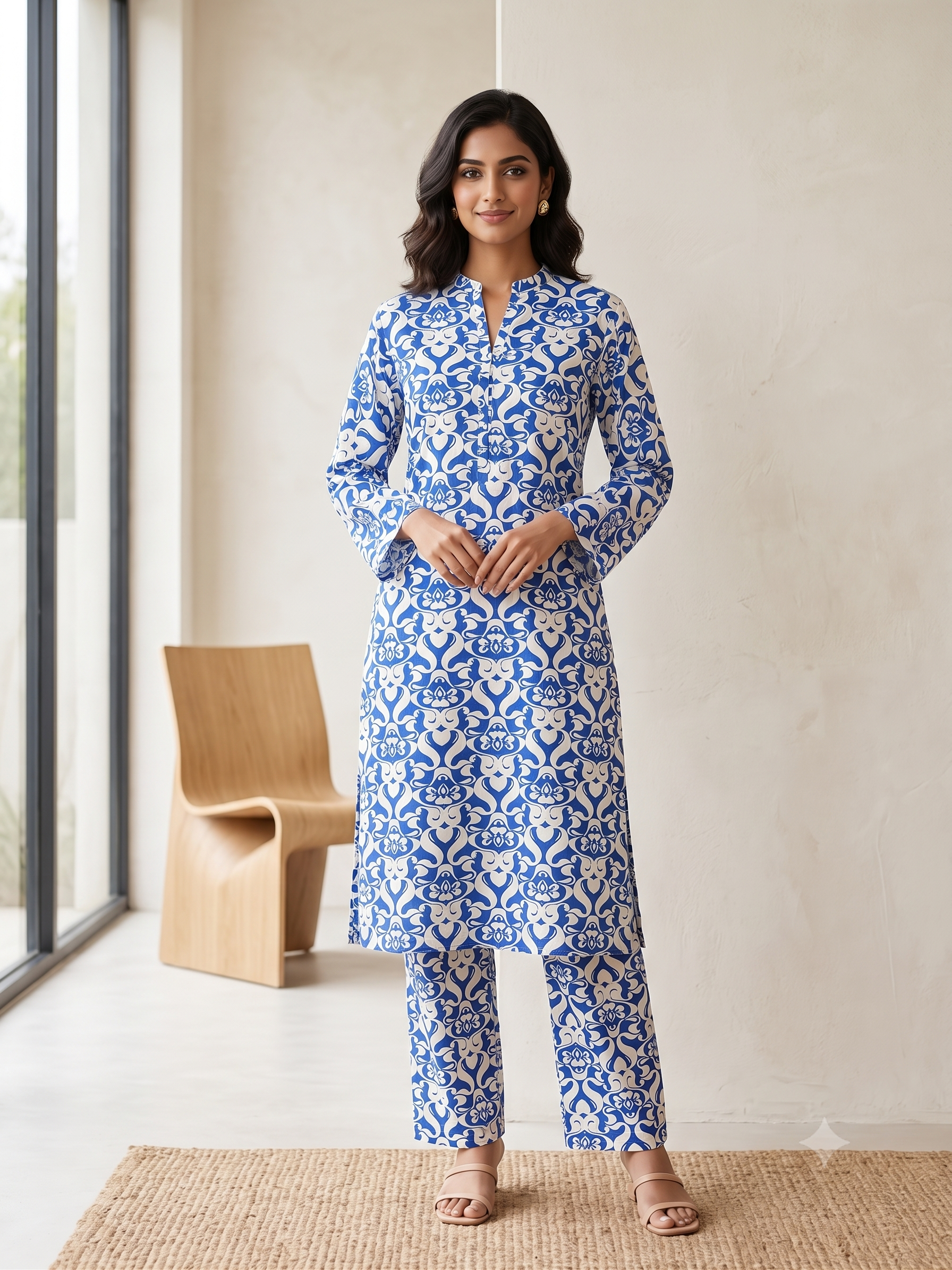 PC-10 Printed Linen Royal Blue Cream Matching Royal Blue Cream Neck Band Collar Button Placket Damask Print 2PC Co-Ord Set