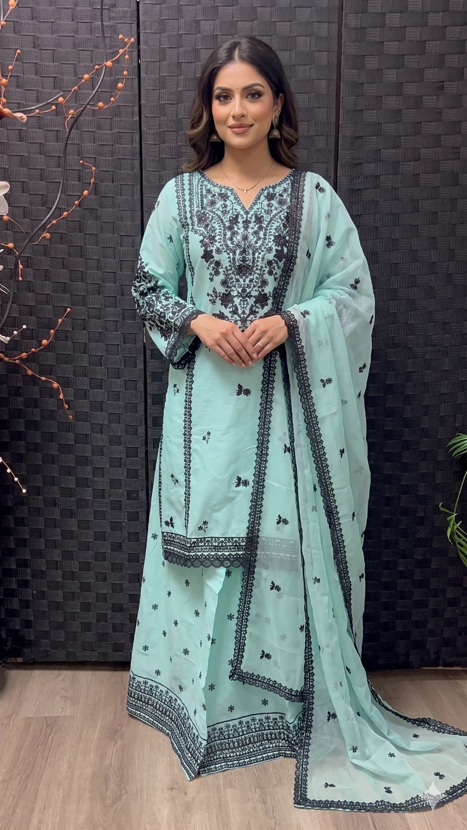 CE-01 Cotton Embroidered  Shirt & Sharara with Organza Dupatta | 3-Piece Suit