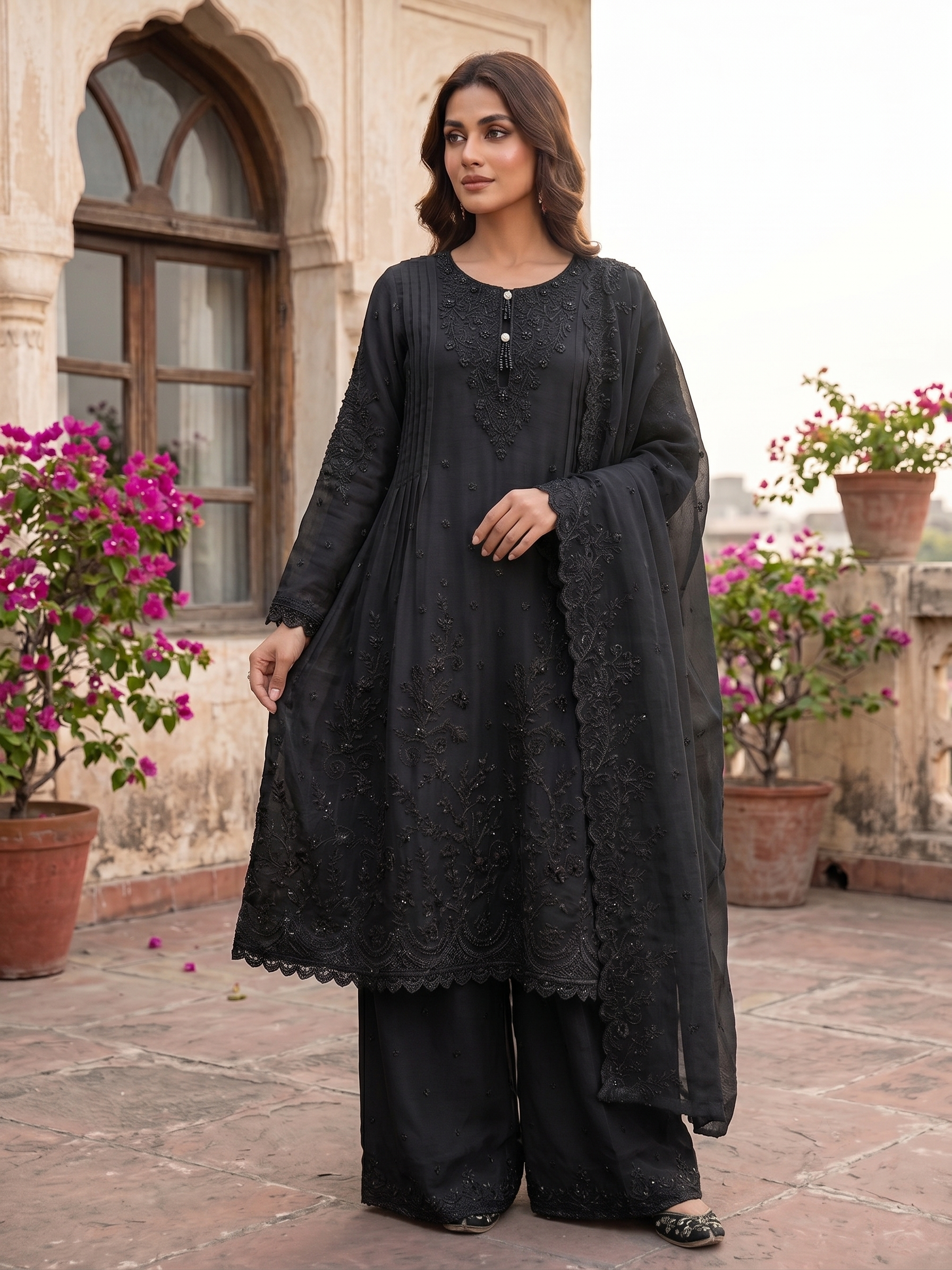 BM-CH-023 - Embroidered Chiffon Frock 3 Piece Suit
