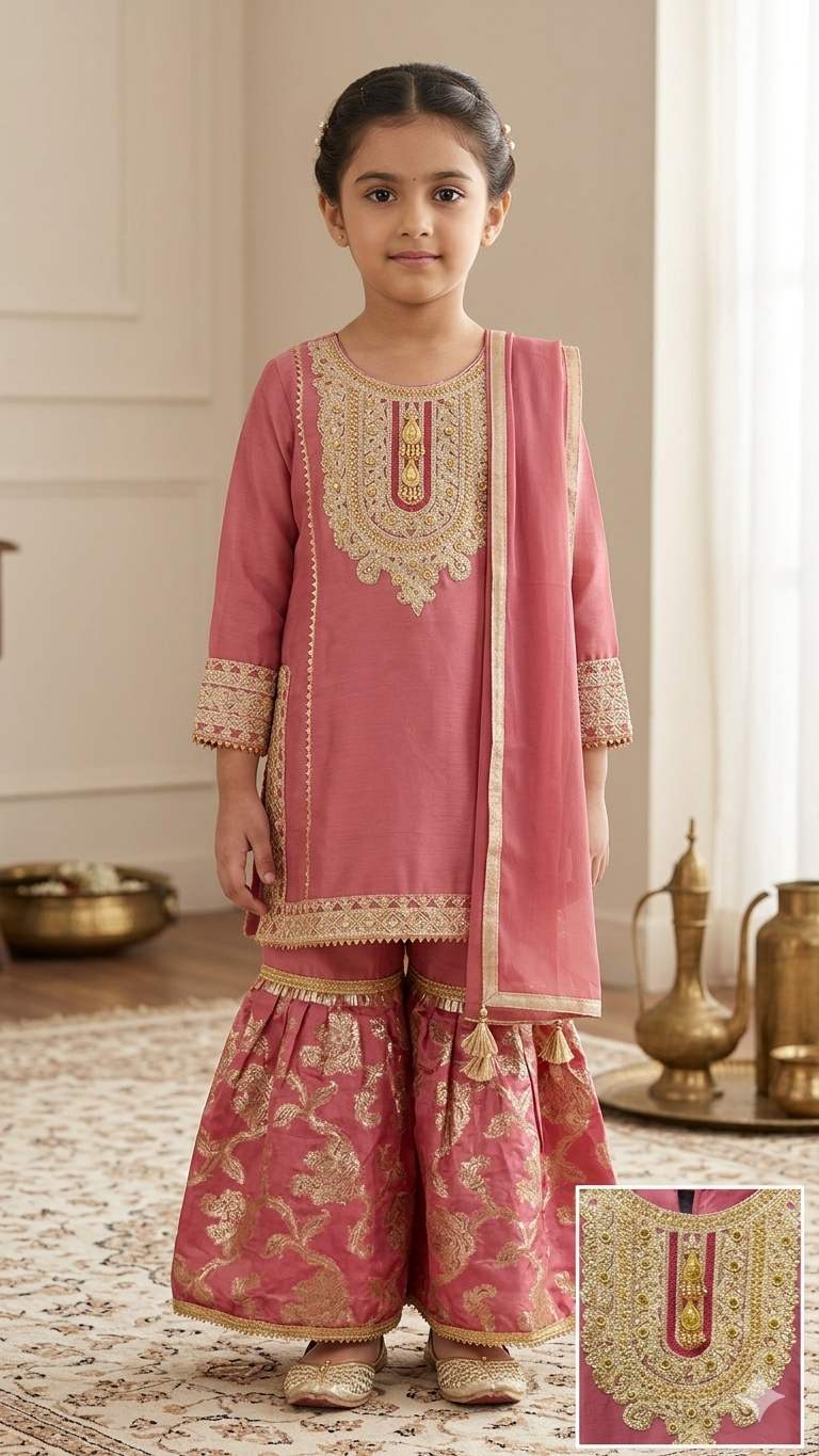 BMK-009 | Girls' Rose Pink Embroidered Kurti & Gharara Set
