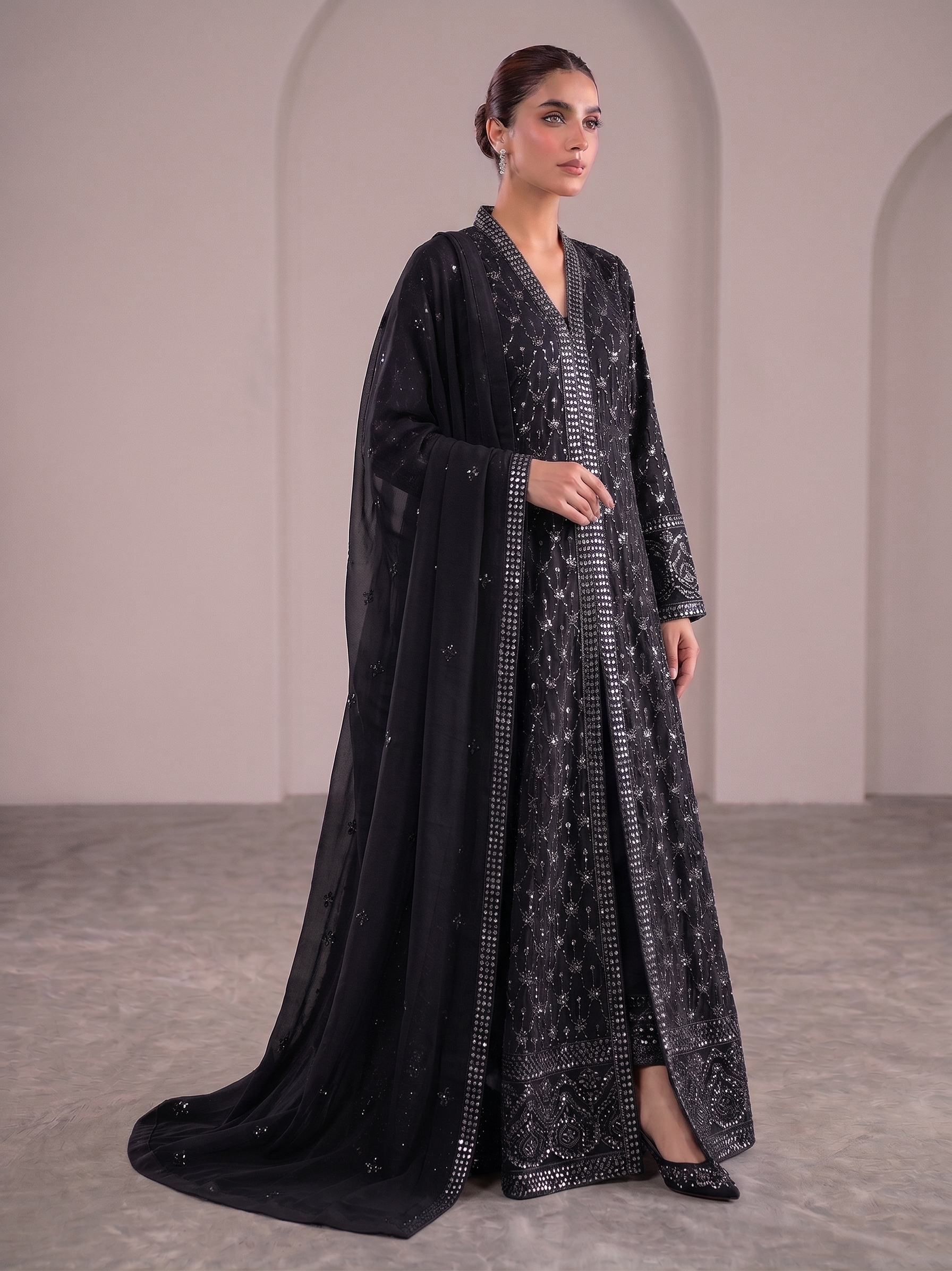 BM-CH-032 - Luxe Front Open Embroidered Chiffon Gown 3 Piece Suit