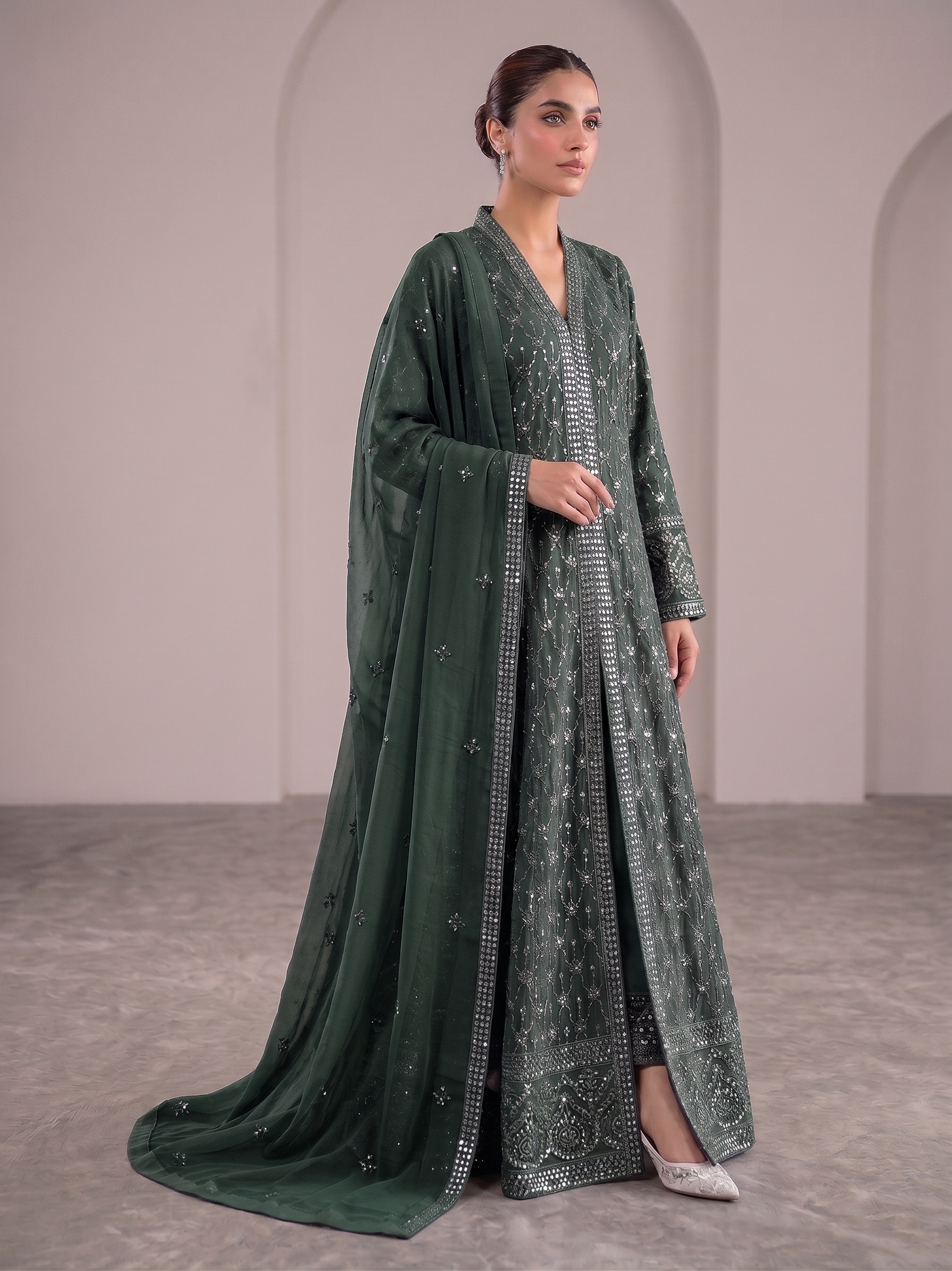 BM-CH-032 - Luxe Front Open Embroidered Chiffon Gown 3 Piece Suit