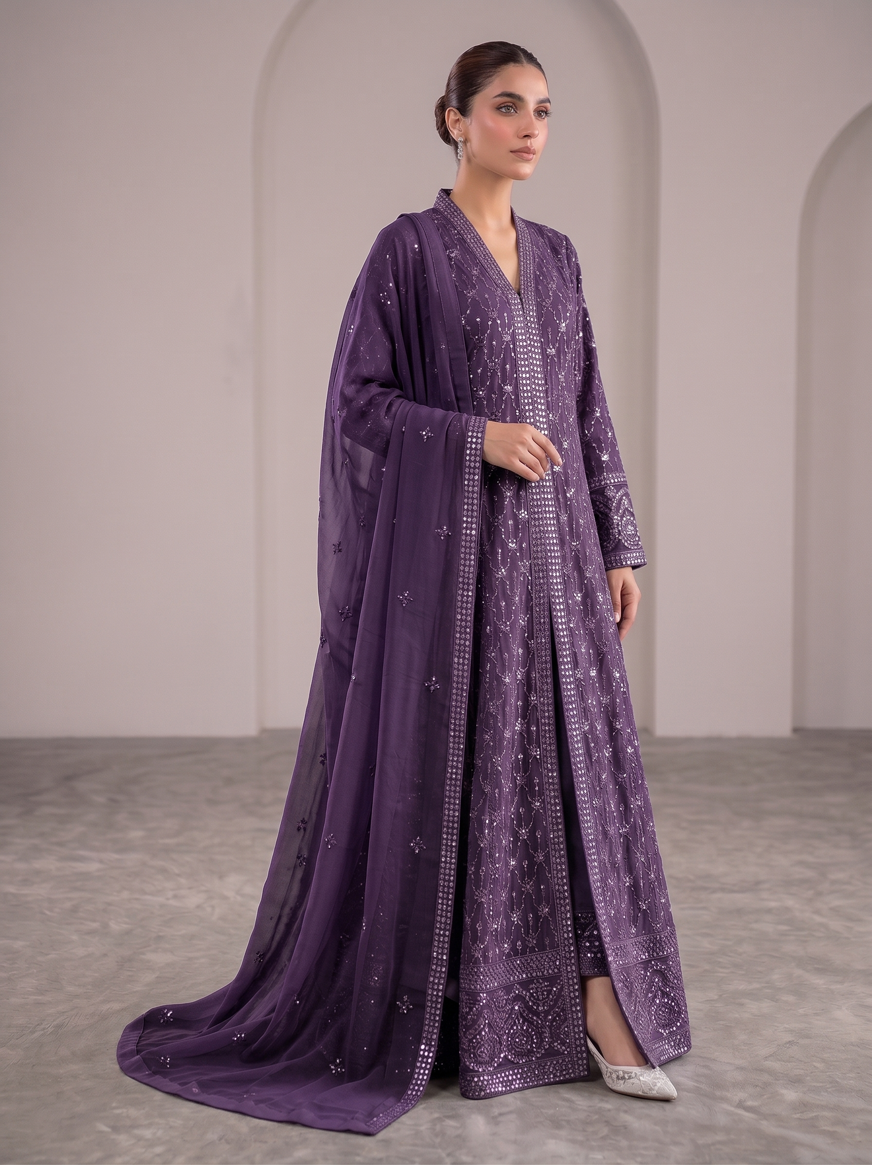 BM-CH-032 - Luxe Front Open Embroidered Chiffon Gown 3 Piece Suit