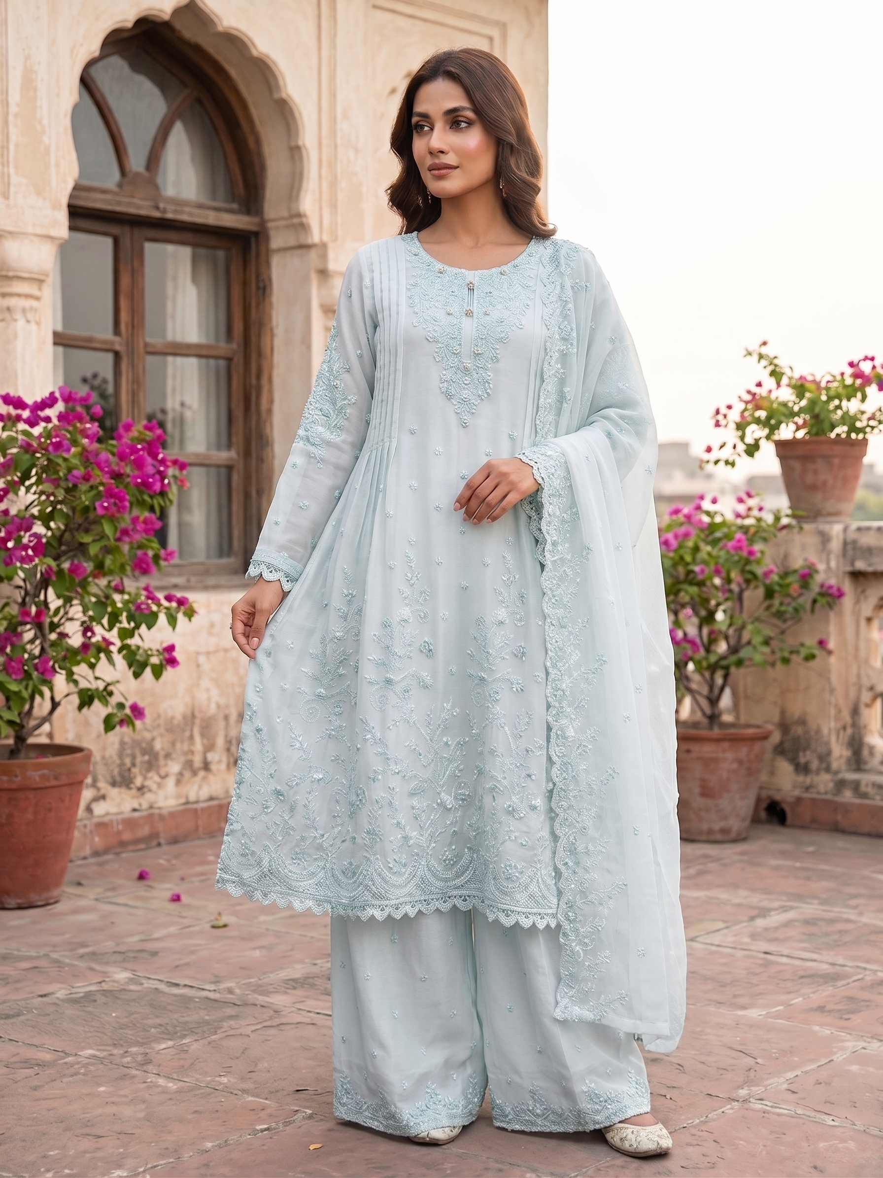 BM-CH-023 - Embroidered Chiffon Frock 3 Piece Suit