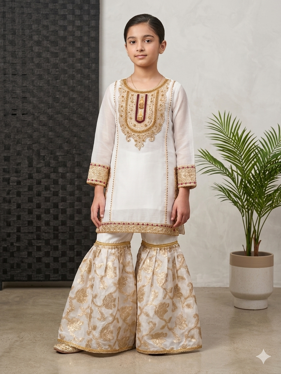 BMK-001 | Timeless White & Gold Chiffon Gharara Set for Girls