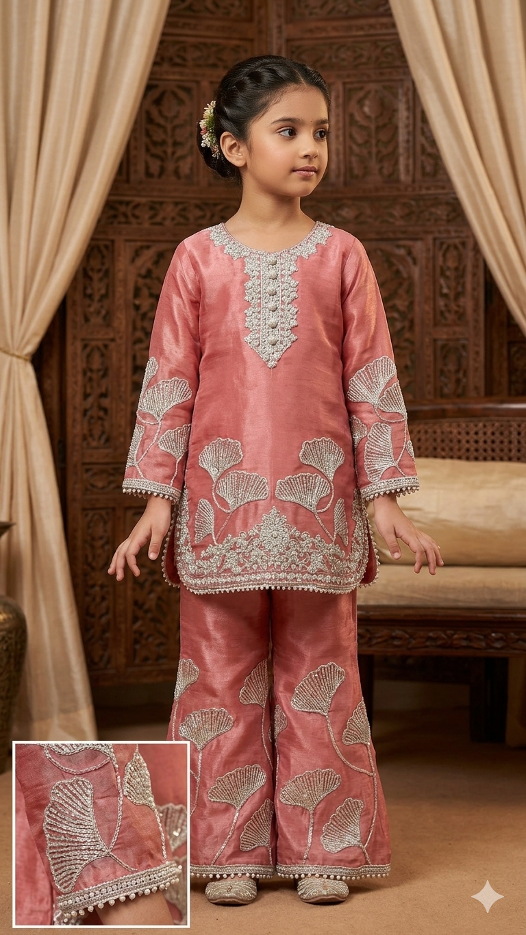 BMK-006 | Girls' Coral Pink Silk Embroidered Kurti & Culotte Set
