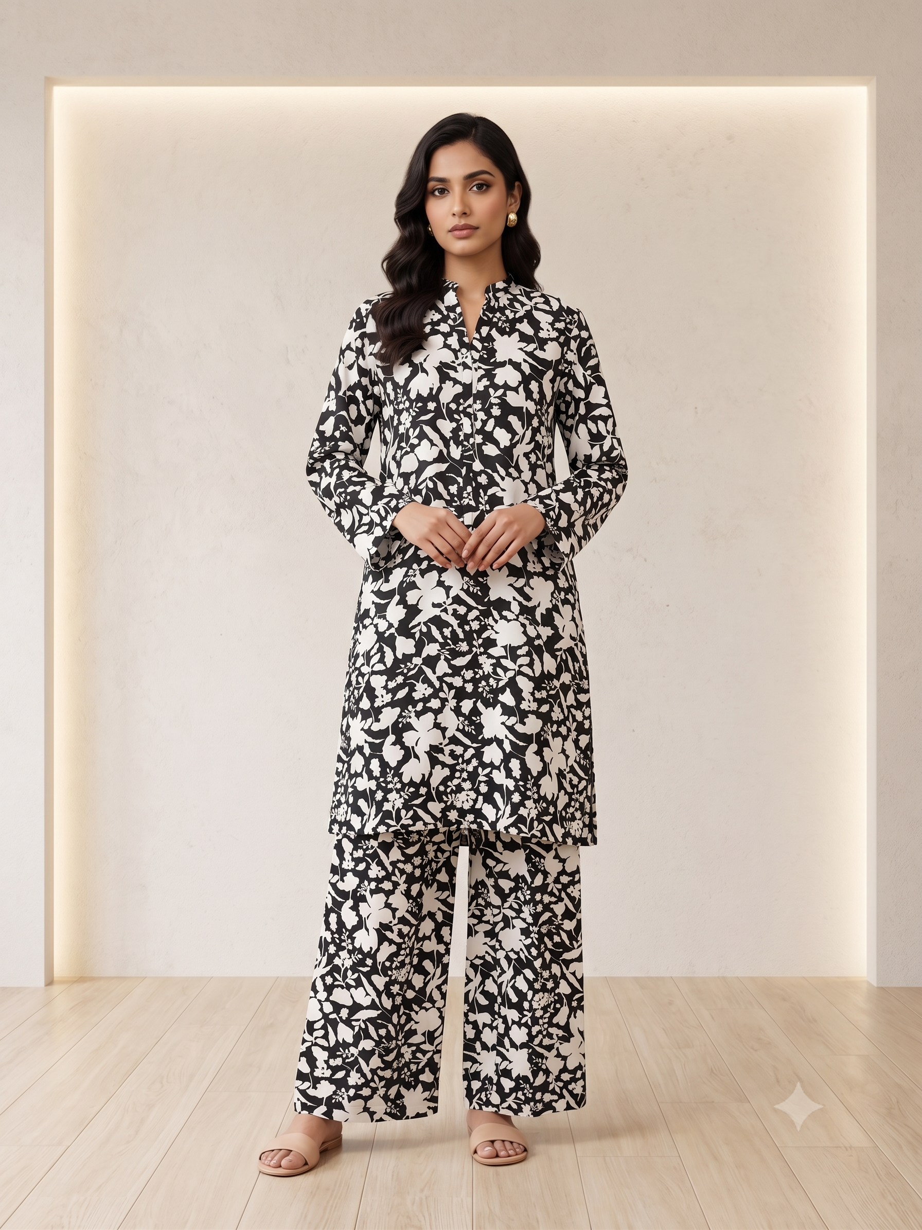 PC-05 Printed Linen Black White Matching Black White Neck Band Collar Button Placket Ikat Geometric Print 2PC Co-Ord Set