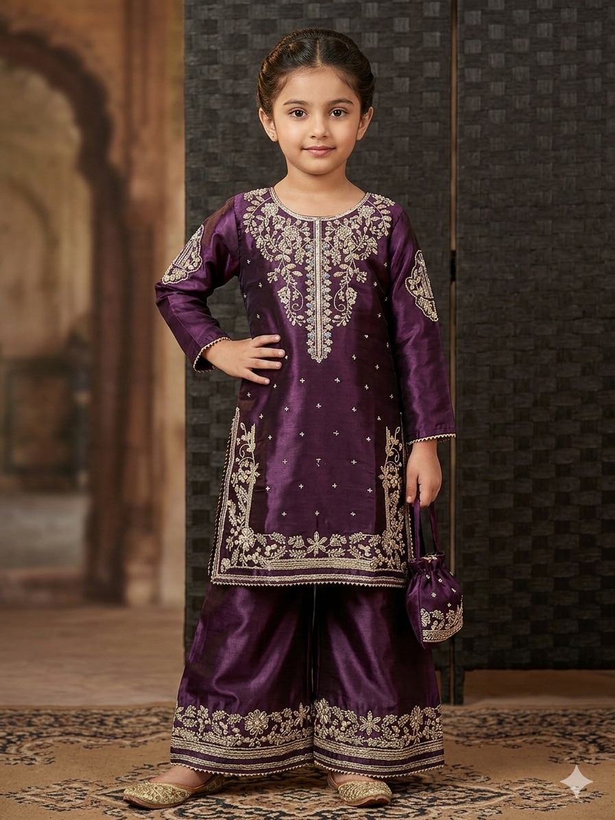 BMK-017 | Girls' Royal Purple Shesha Silk Embroidered Suit