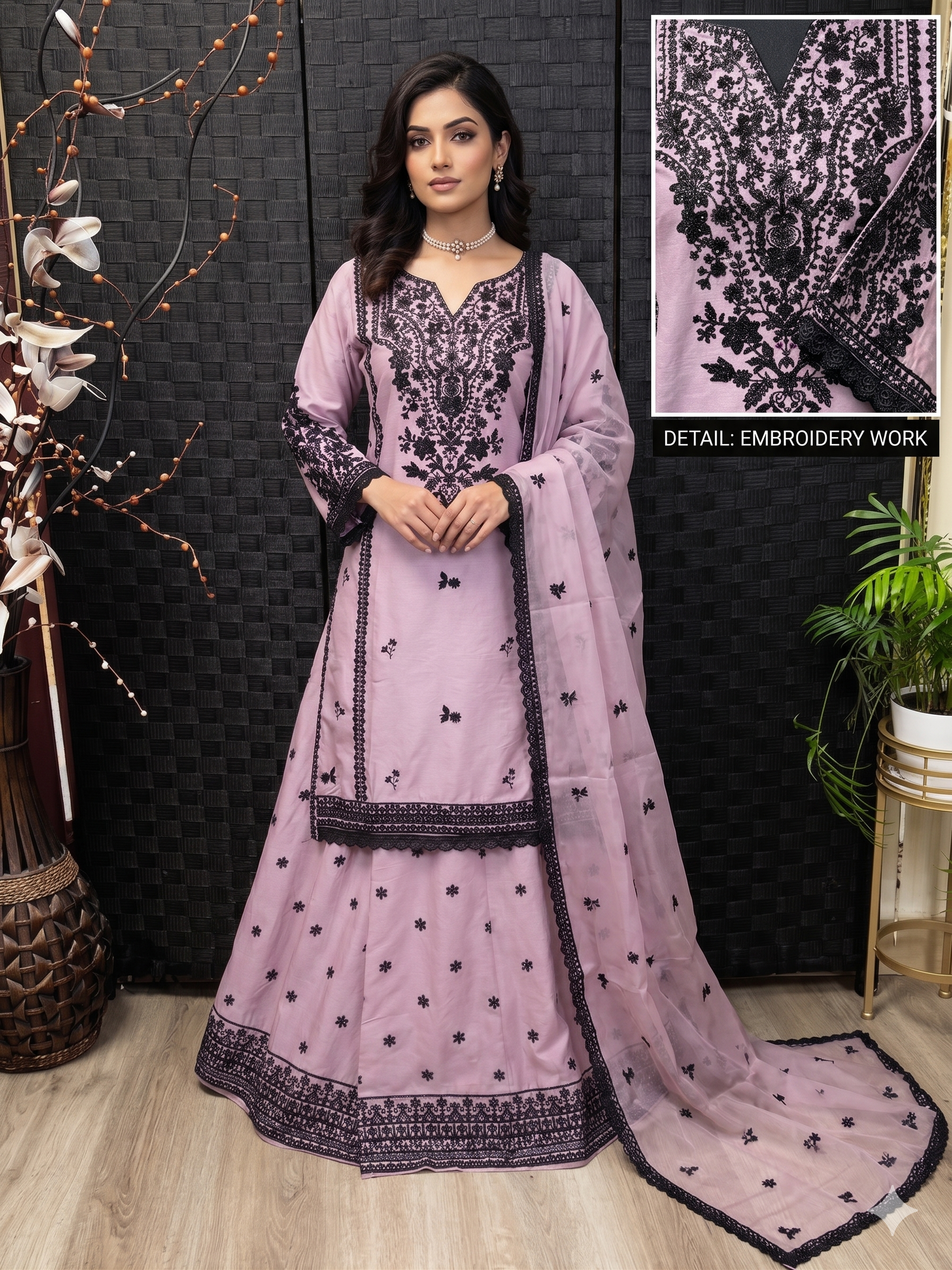 CE-01 Cotton Embroidered  Shirt & Sharara with Organza Dupatta | 3-Piece Suit