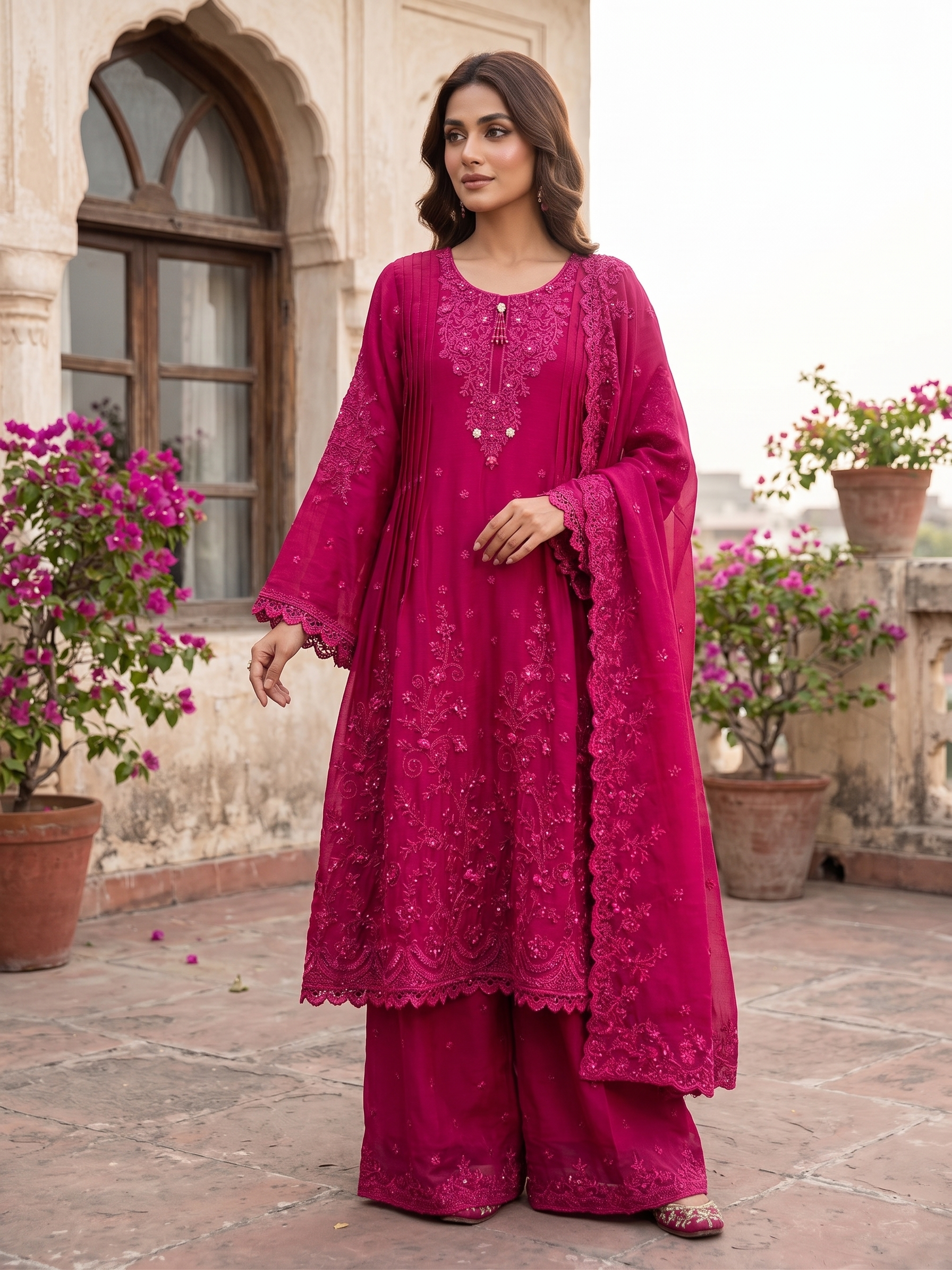 BM-CH-023 - Embroidered Chiffon Frock 3 Piece Suit