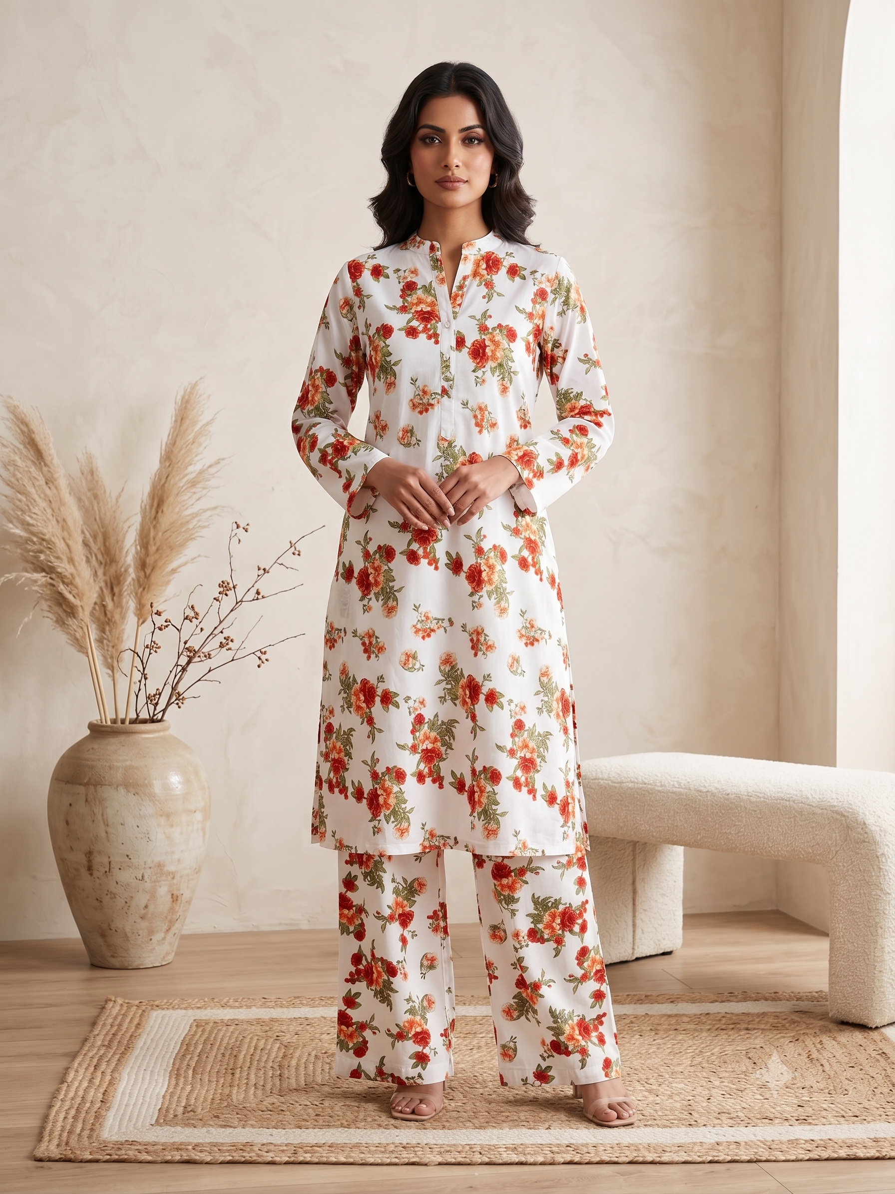 PC-02 Printed Linen White Matching White Floral Neck Band Collar Button Placket Rust Rose Floral Print 2PC Co-Ord Set